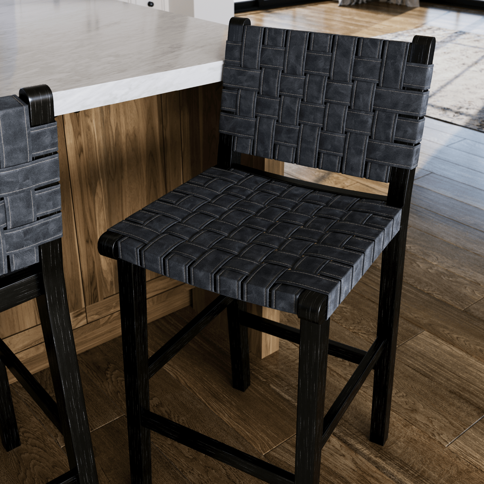 30" Noah Bar Stool in Aged Black Finish with Charcoal Black Vegan Leather in Stools by Maven Lane