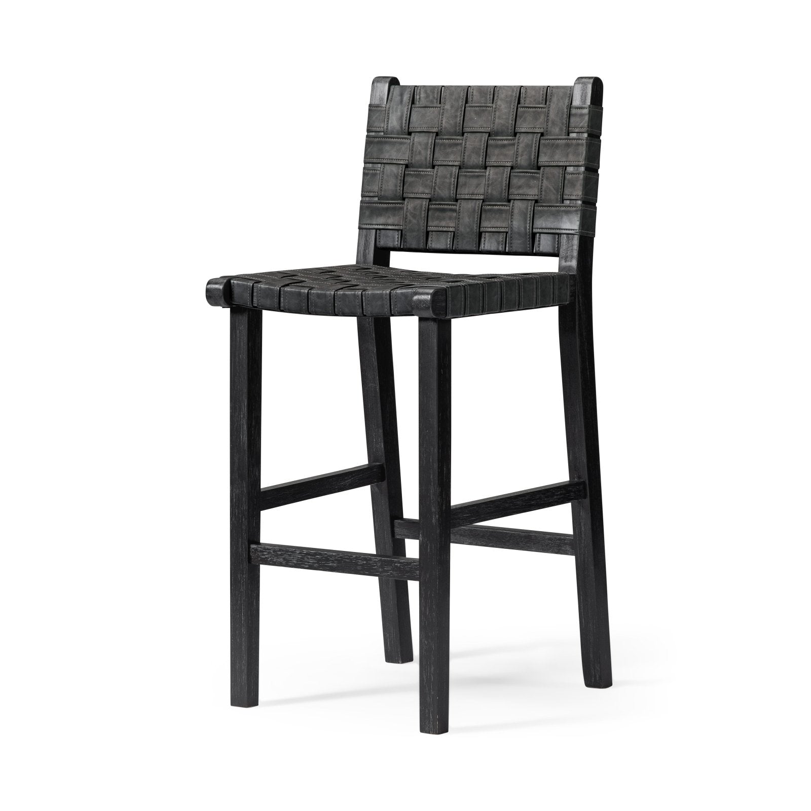 30" Noah Bar Stool in Aged Black Finish with Charcoal Black Vegan Leather in Stools by Maven Lane