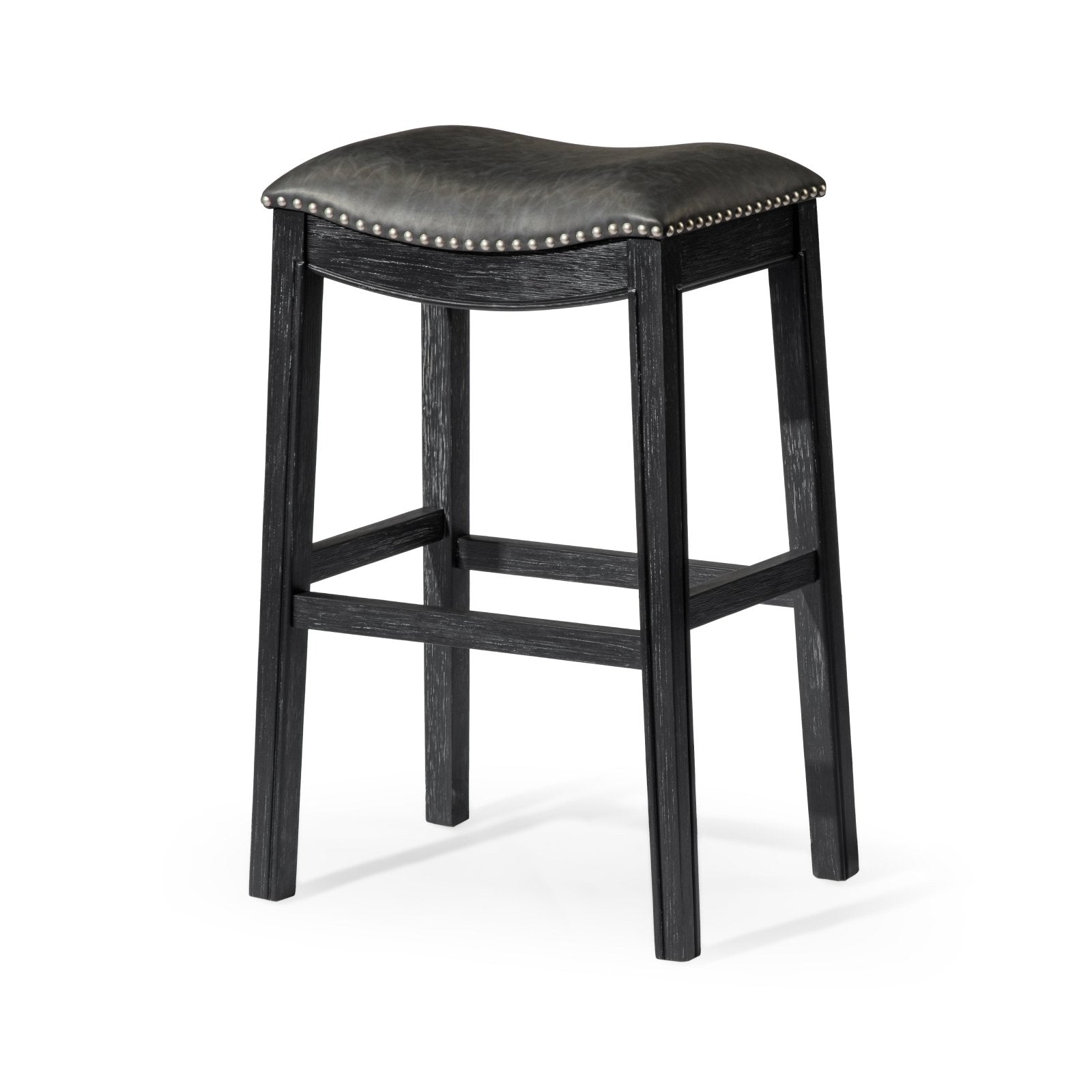 31" Adrien Saddle Bar Stool in Aged Black Finish with Charcoal Black Vegan Leather in Stools by Maven Lane