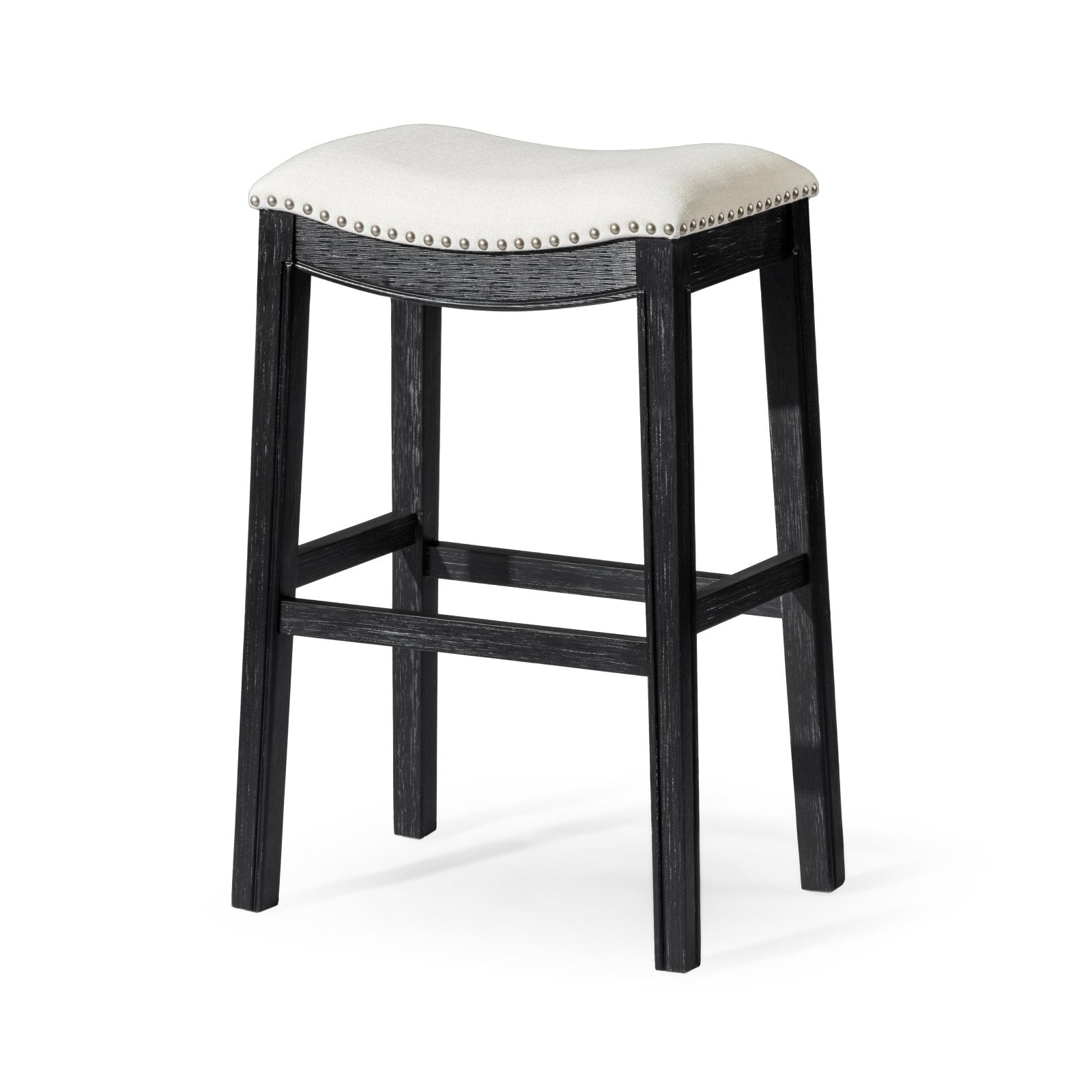 31" Adrien Saddle Bar Stool in Aged Black Finish with Snow White Fabric Upholstery in Stools by Maven Lane