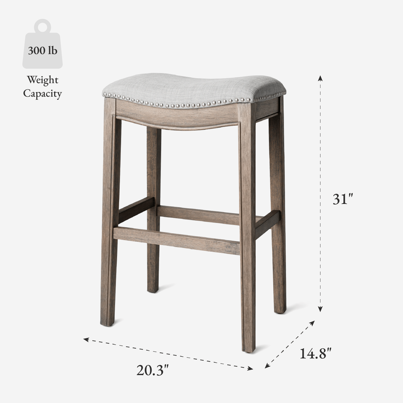 31" Adrien Saddle Bar Stool in Reclaimed Oak Finish with Ash Grey Fabric Upholstery in Stools by Maven Lane