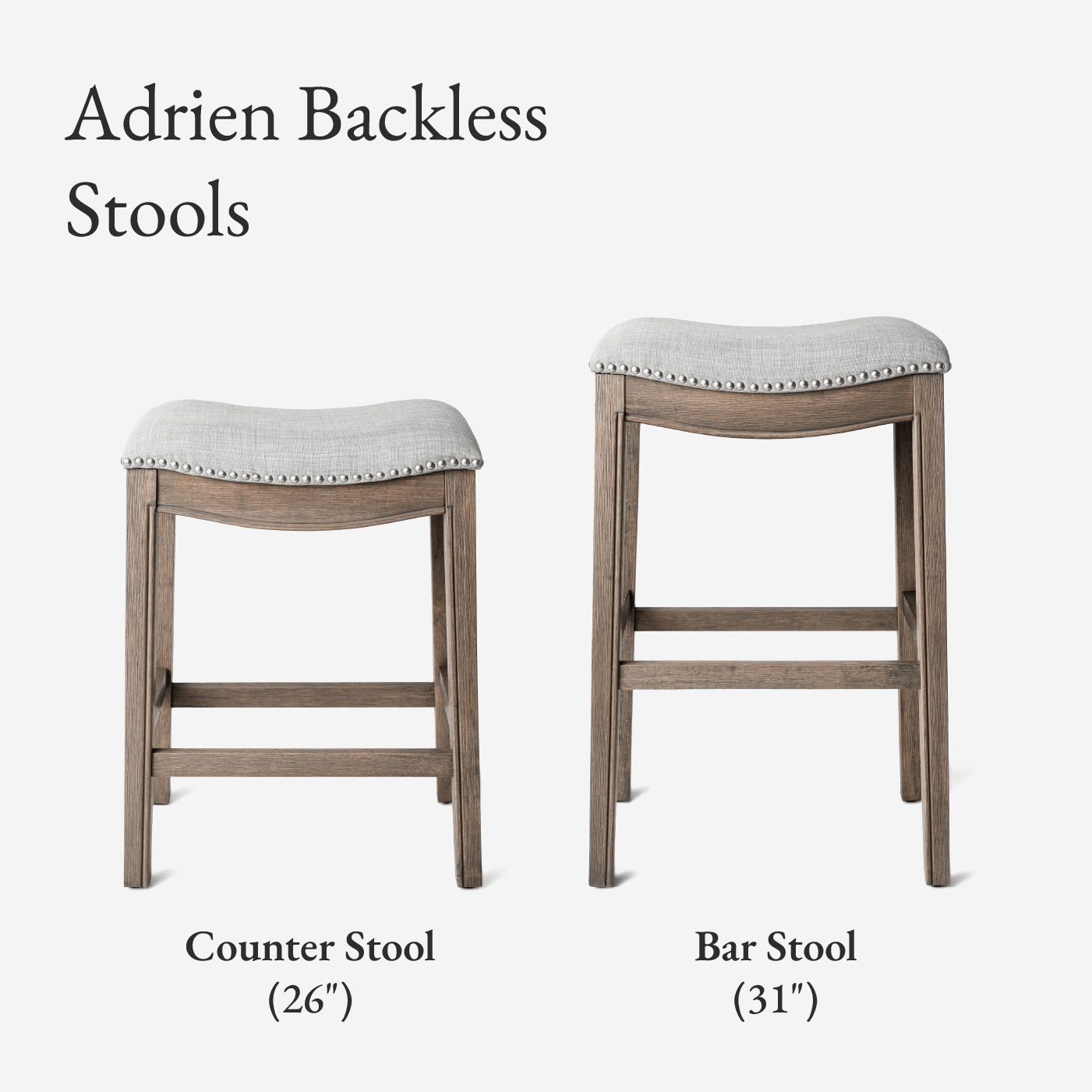 31" Adrien Saddle Bar Stool in Reclaimed Oak Finish with Ash Grey Fabric Upholstery in Stools by Maven Lane