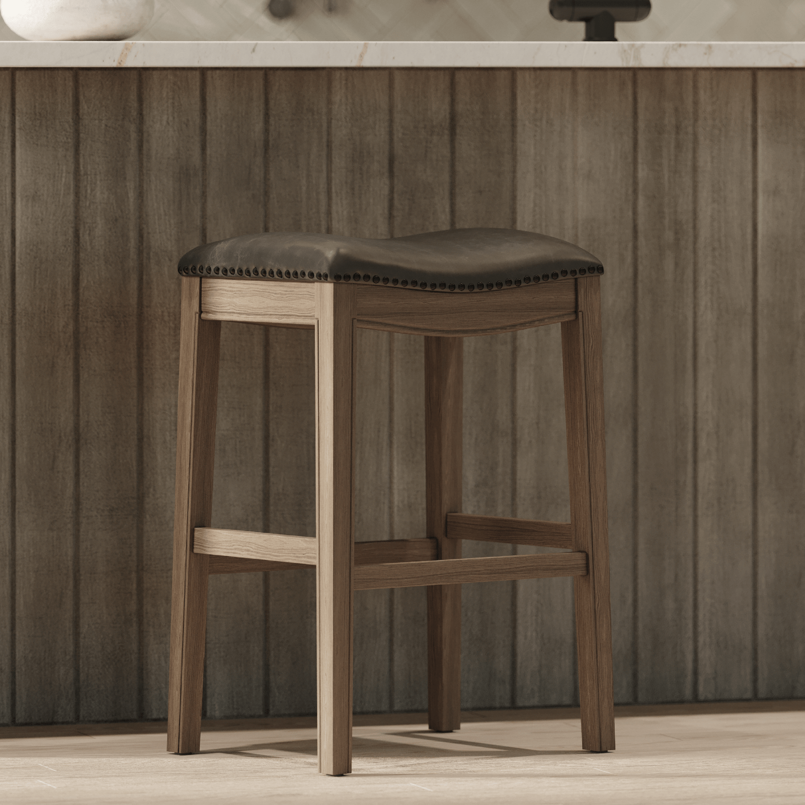 31" Adrien Saddle Bar Stool in Reclaimed Oak with Ronan Stone Vegan Leather in Stools by Maven Lane