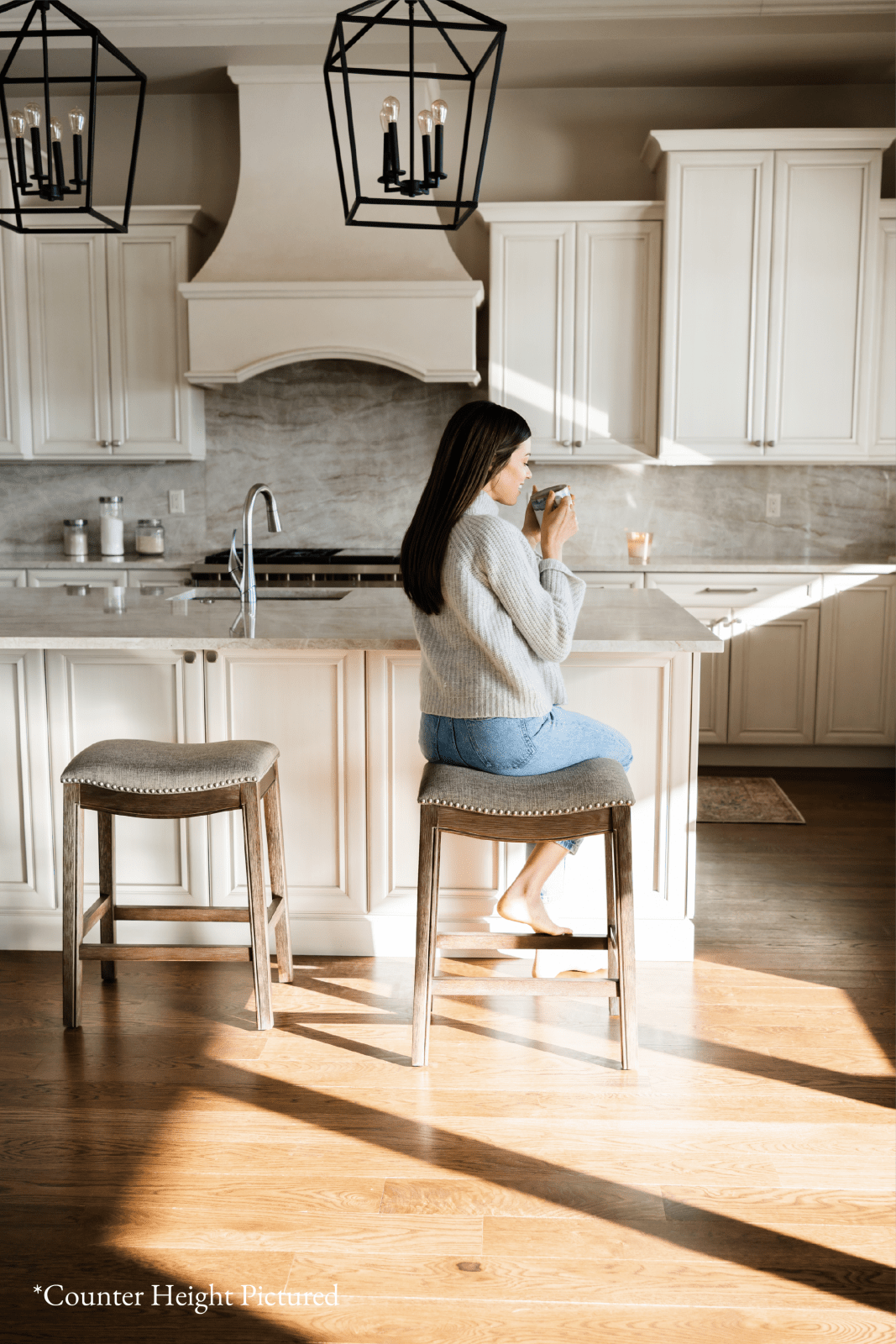 31" Adrien Backless Saddle Bar Stool in Walnut Finish with Grey Fabric Upholstery in Maven Lane by Maven Lane