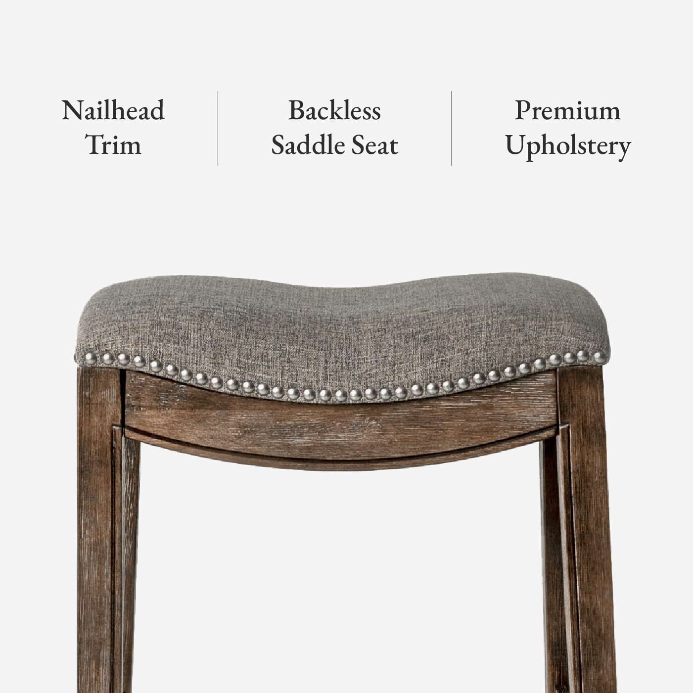 31" Adrien Backless Saddle Bar Stool in Walnut Finish with Grey Fabric Upholstery in Maven Lane by Maven Lane