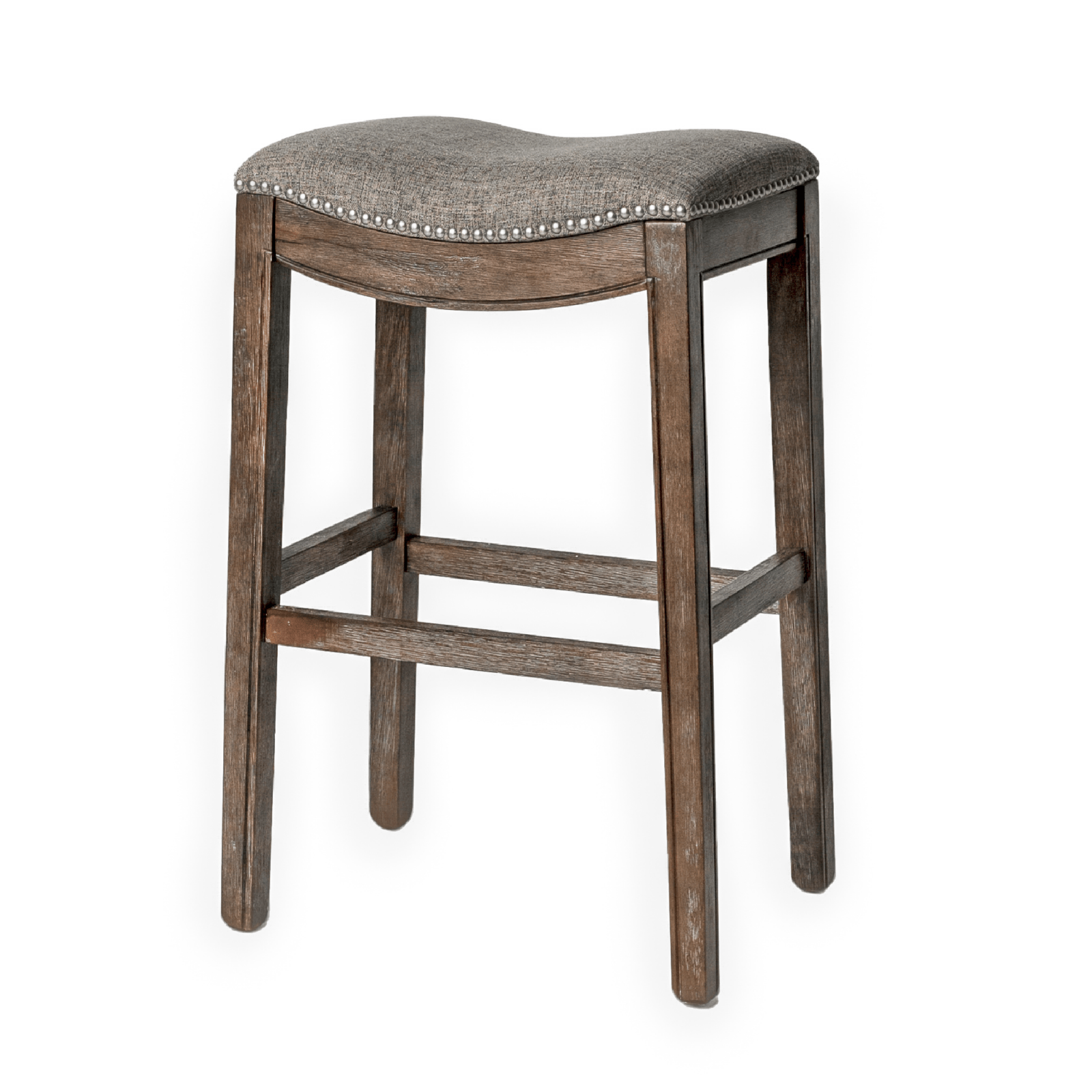 Adrien Saddle Bar Stool in Brown Finish with Grey Fabric in Stools by Maven Lane