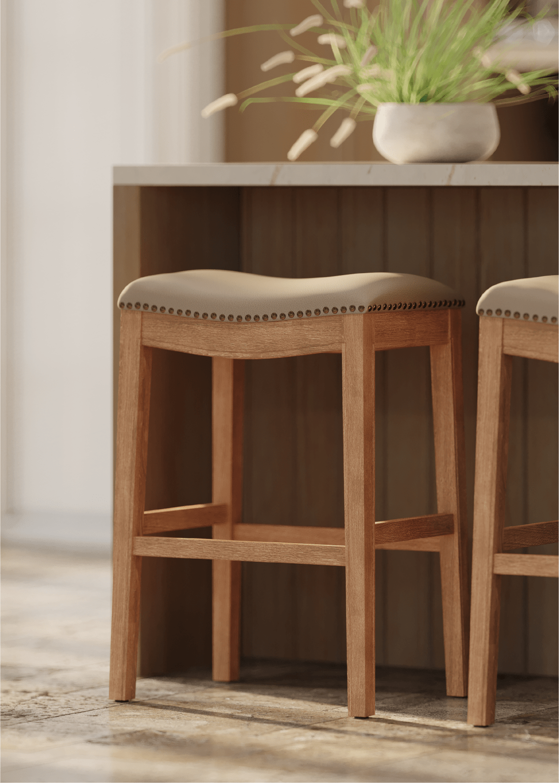 31" Adrien Saddle Bar Stool in Weathered Oak Finish with Avanti Bone Vegan Leather in Stools by Maven Lane