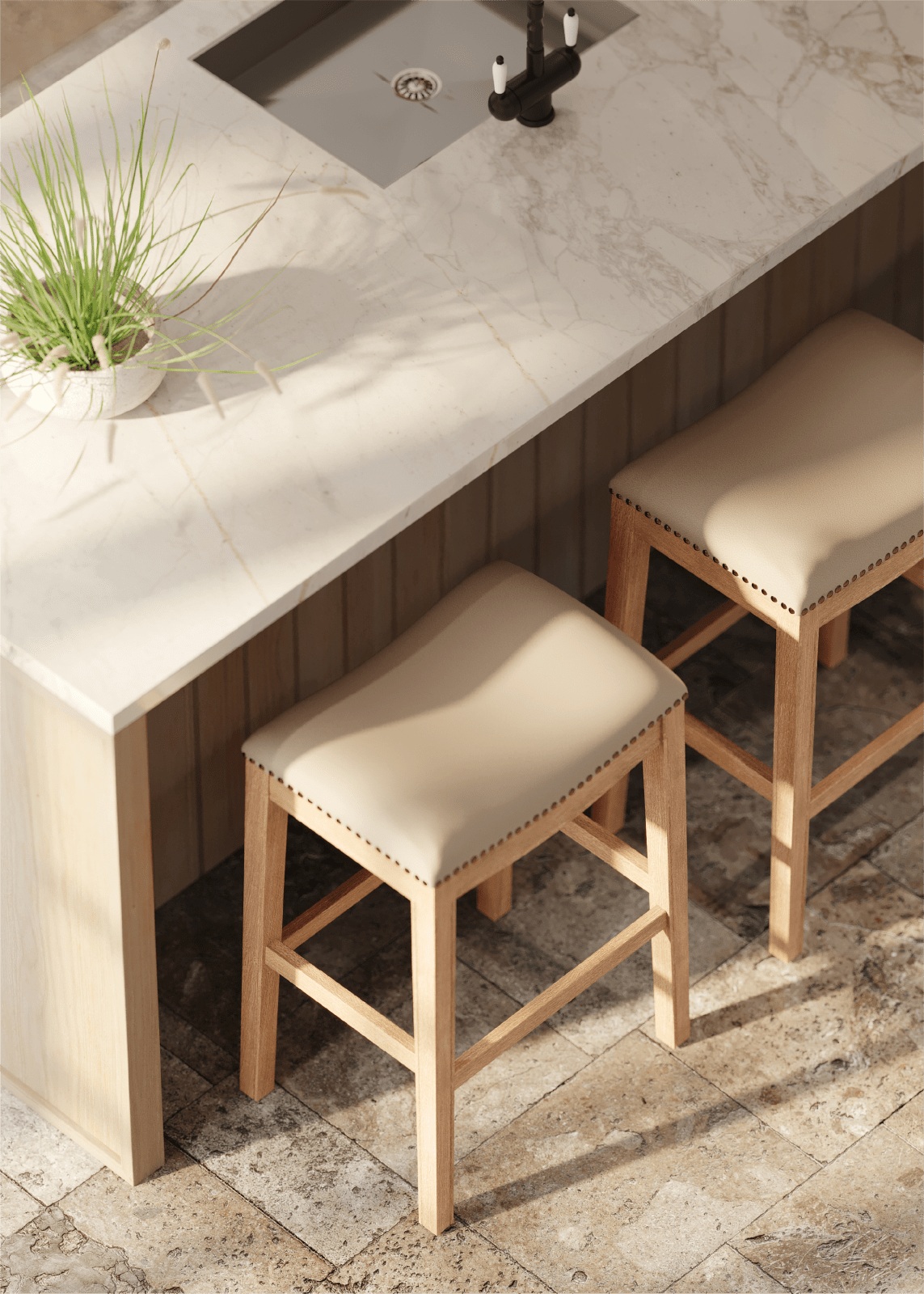 31" Adrien Saddle Bar Stool in Weathered Oak Finish with Avanti Bone Vegan Leather in Stools by Maven Lane