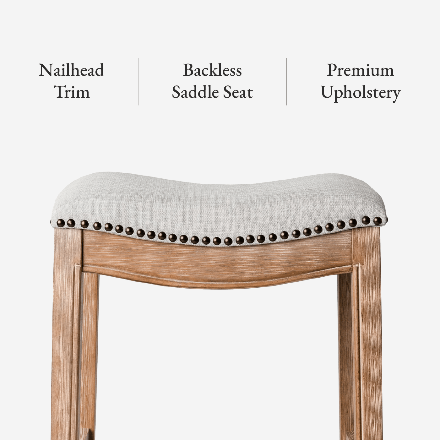 Adrien Saddle Bar Stool in Natural Finish with Light Grey Fabric in Stools by Maven Lane