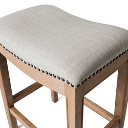 Adrien Saddle Bar Stool in Natural Finish with Light Grey Fabric in Stools by Maven Lane