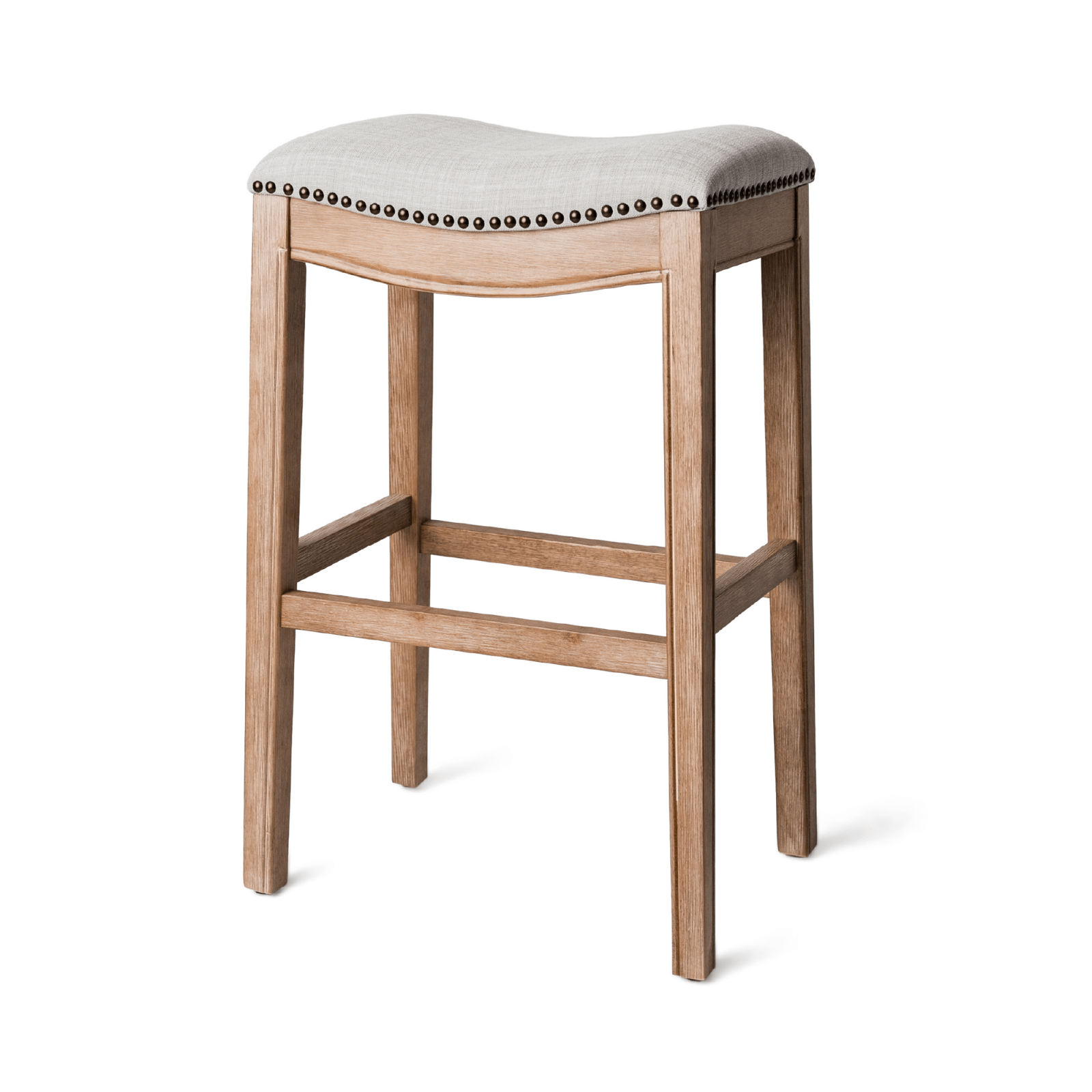 Adrien Saddle Bar Stool in Natural Finish with Light Grey Fabric in Stools by Maven Lane