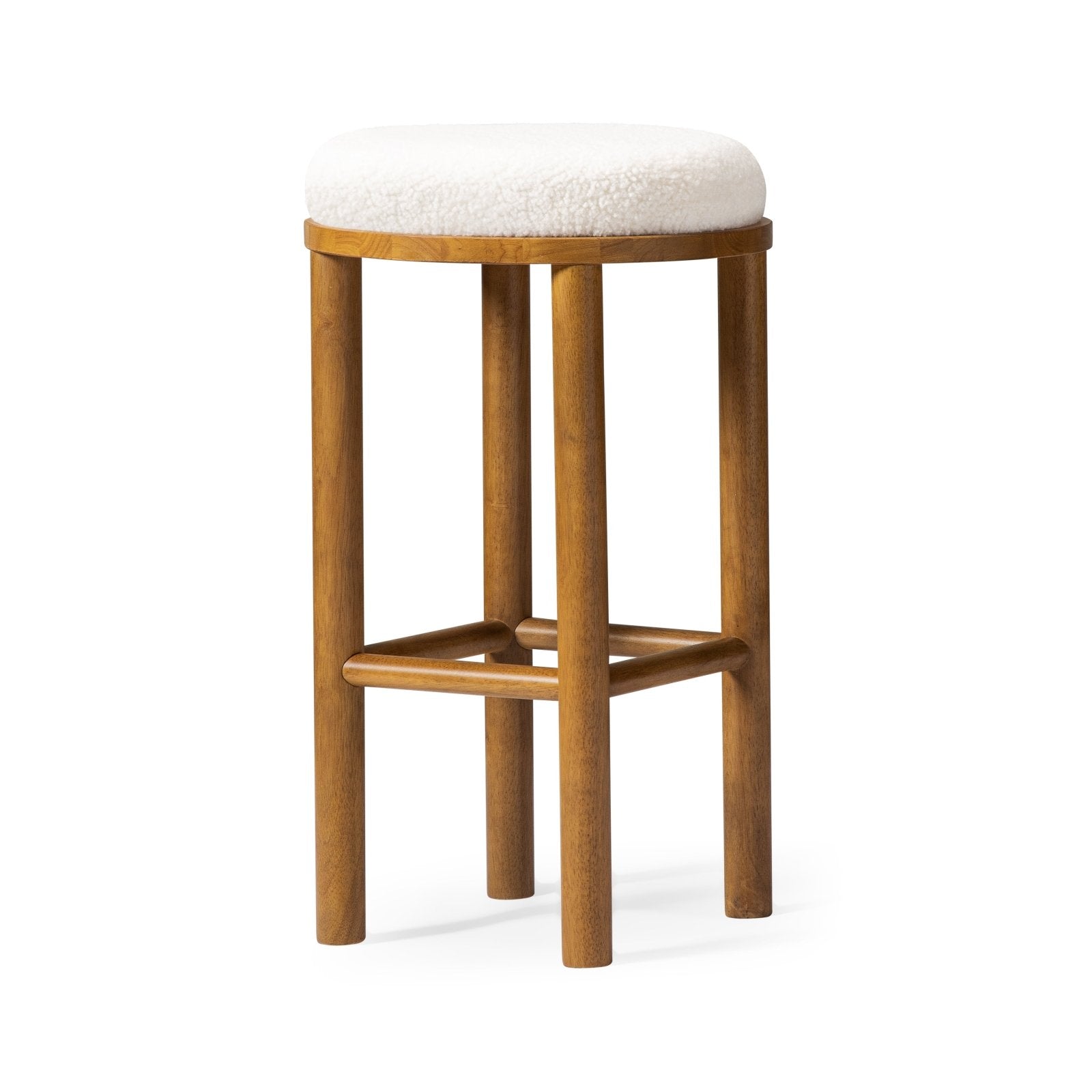 31" Clara bar stool in aged natural wood finish with white boucle fabric in Stools by Maven Lane