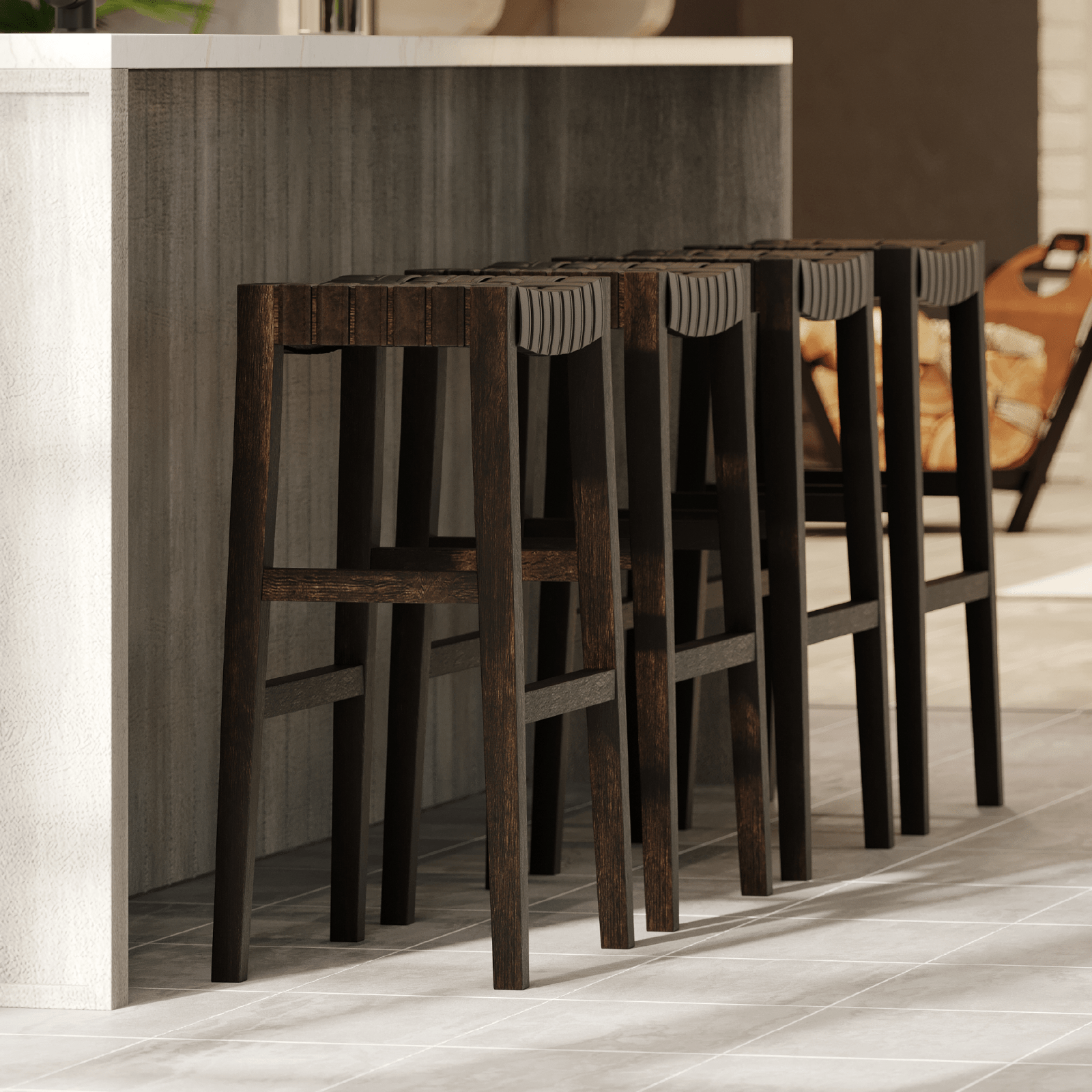 31" Emerson Bar Stool in Weathered Brown Wood Finish with Marksman Saddle Vegan Leather in Stools by Maven Lane