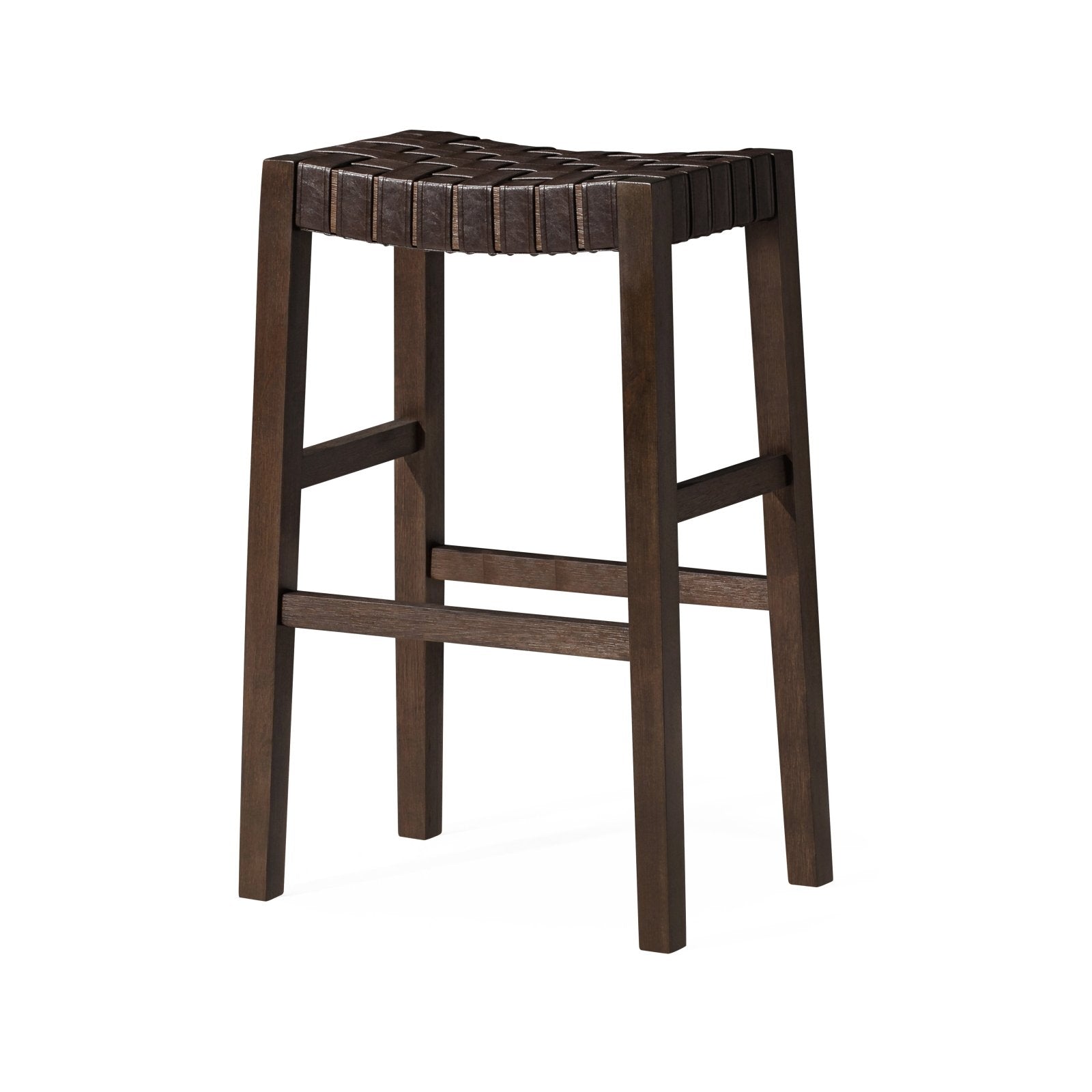 31" Emerson Bar Stool in Weathered Brown Wood Finish with Marksman Saddle Vegan Leather in Stools by Maven Lane