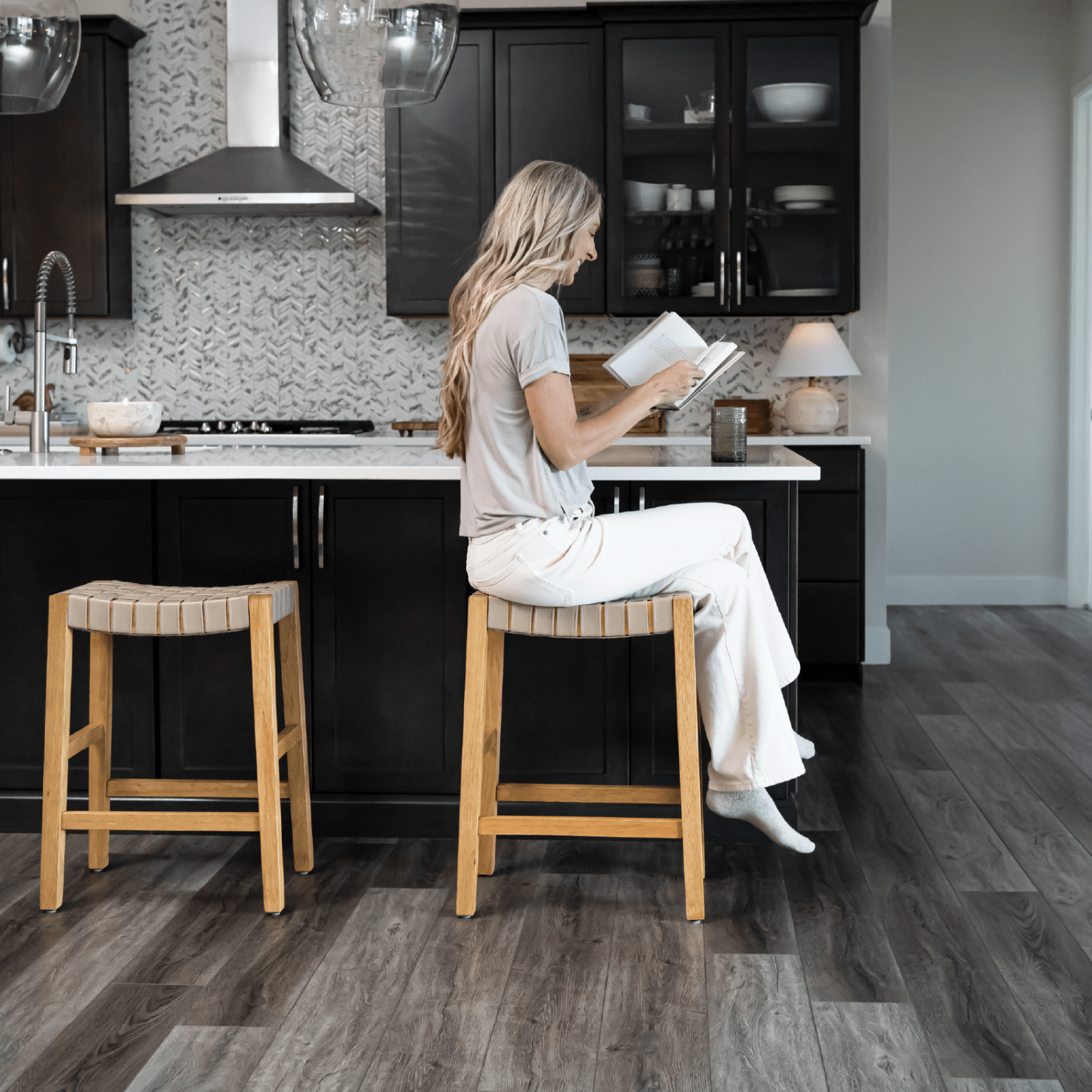 26" Emerson Counter Stool in Weathered Natural Wood Finish with Avanti Bone Vegan Leather in Stools by Maven Lane