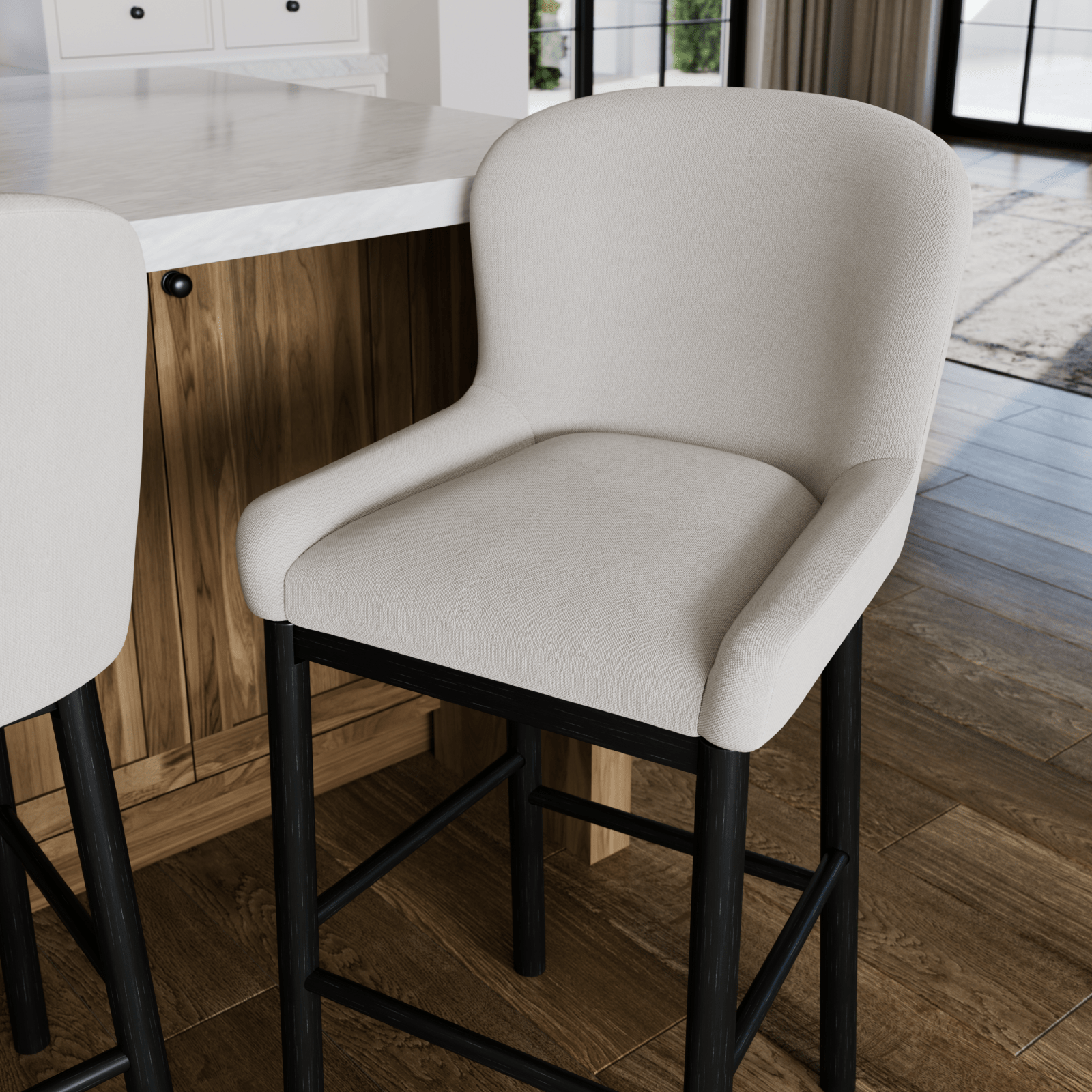 31" Gia Bar Stool in Aged Black Finish with Dove Weave Fabric in Stools by Maven Lane