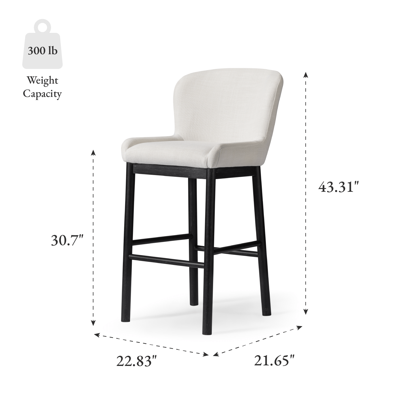 31" Gia Bar Stool in Black Finish and White Fabric in Stools by Maven Lane