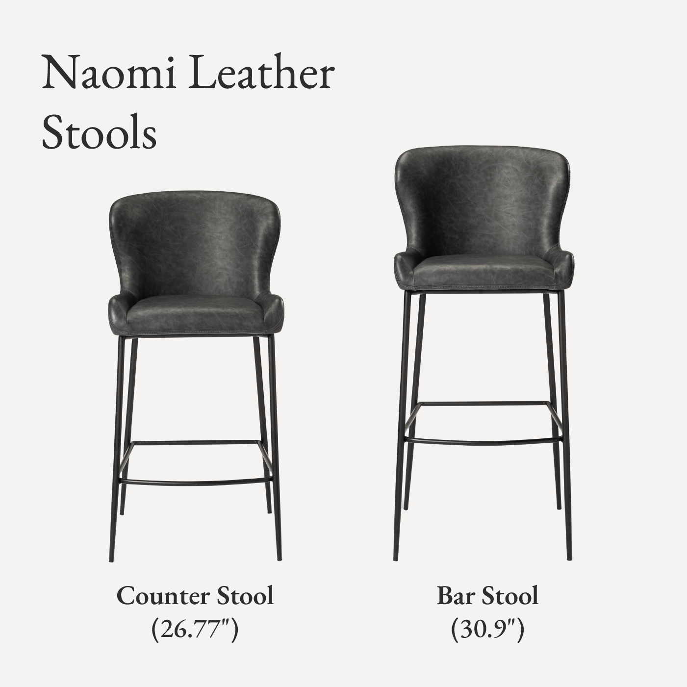 31" Naomi Bar Stool in Matte Black Finish with Charcoal Black Vegan Leather Upholstery in Stools by Maven Lane