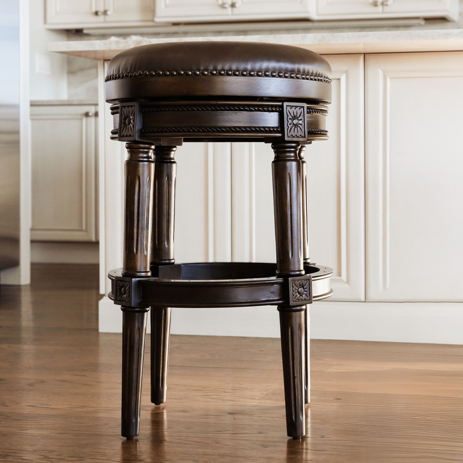 31" Pullman backless swivel bar stool in dark walnut finish with vintage brown vegan leather in Stools by Maven Lane