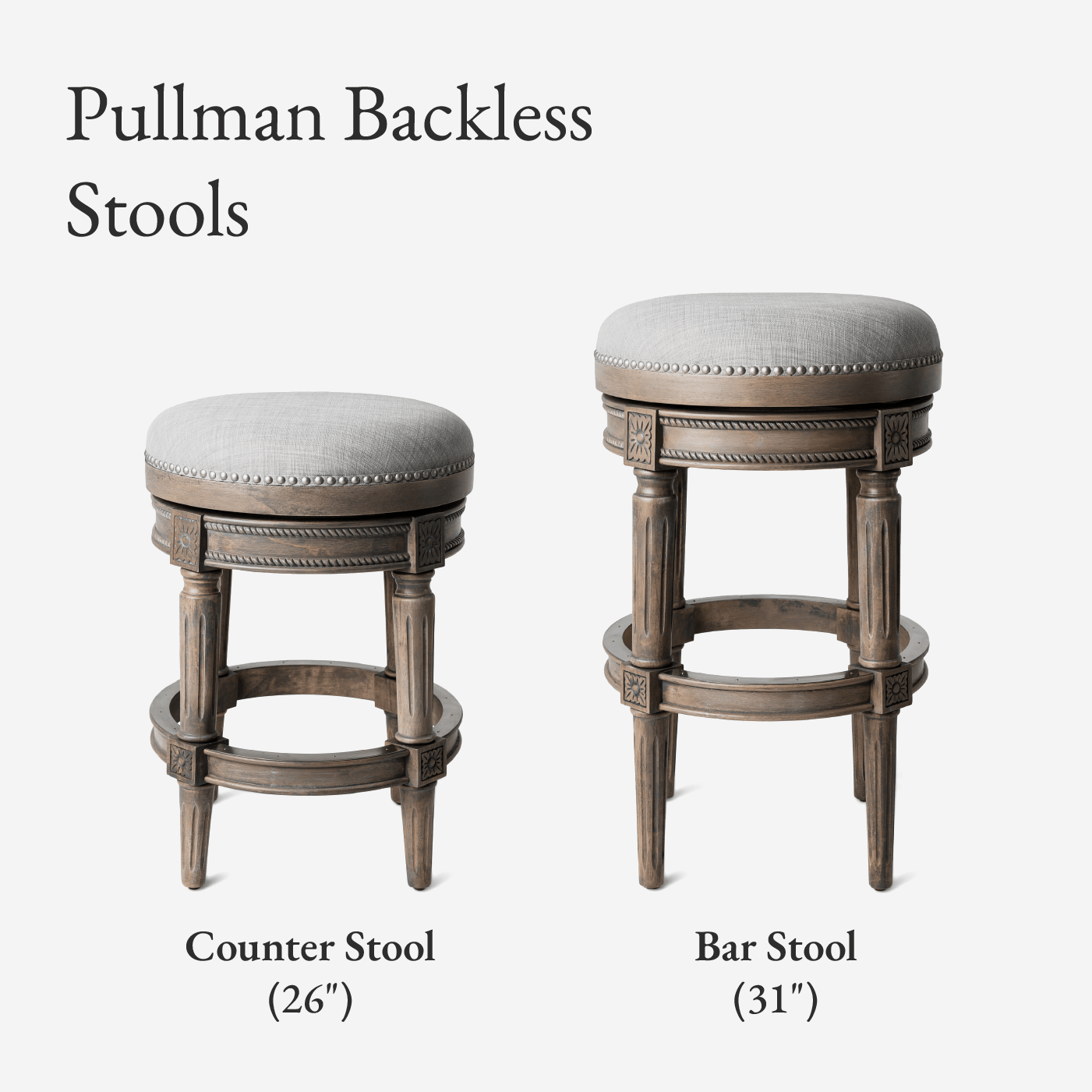31" Pullman Backless Bar Stool in Reclaimed Oak Finish with Ash Grey Fabric Upholstery in Stools by Maven Lane