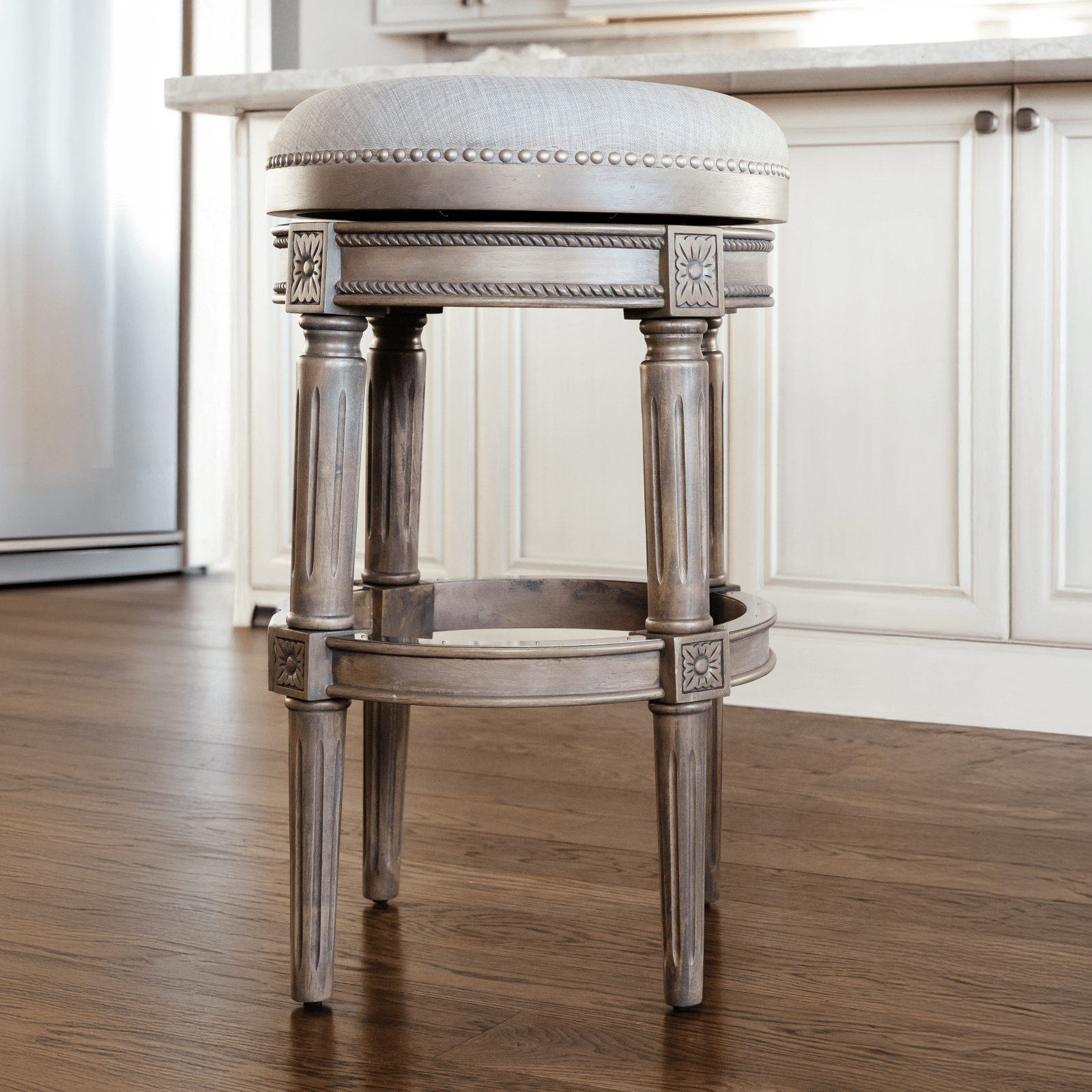 31" Pullman Backless Bar Stool in Reclaimed Oak Finish with Ash Grey Fabric Upholstery in Stools by Maven Lane