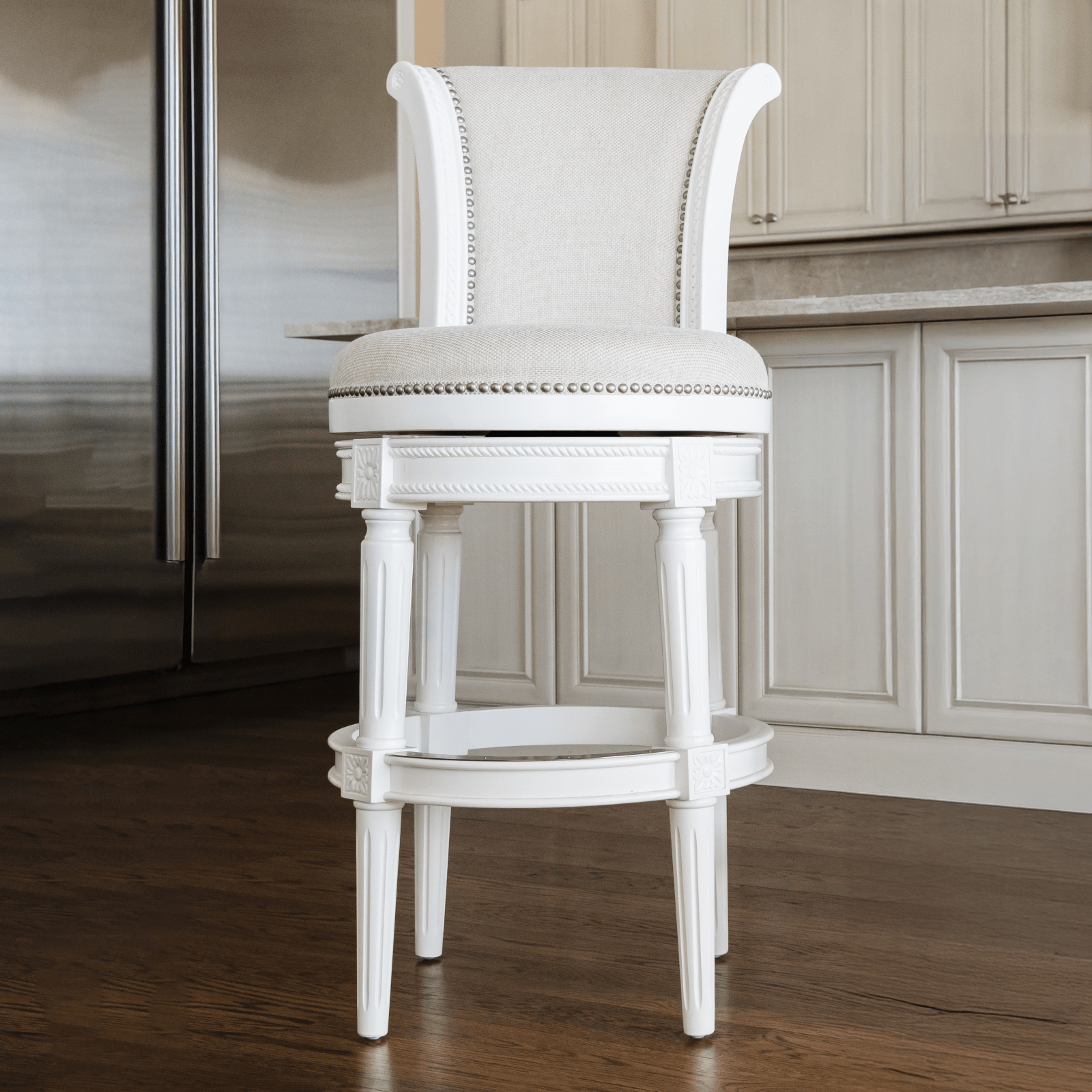 31" Pullman Bar Stool in Alabaster White Finish with Cream Fabric Upholstery in Stools by Maven Lane