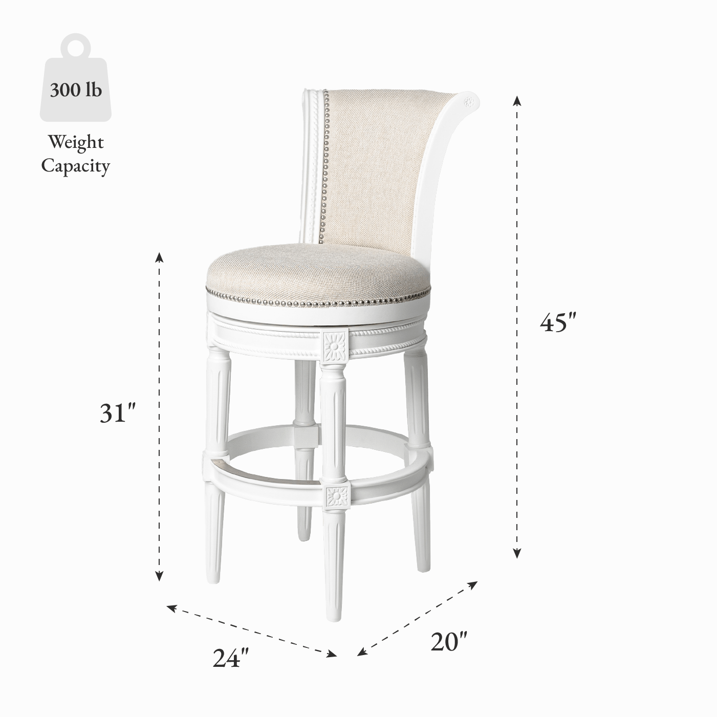 31" Pullman Bar Stool in Alabaster White Finish with Cream Fabric Upholstery