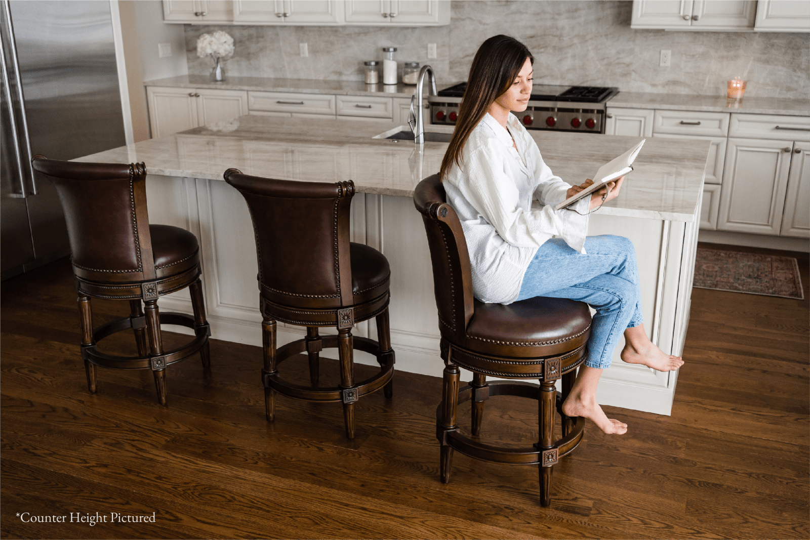31" Pullman Bar Stool in Dark Walnut Finish with Vintage Brown Vegan Leather in Stools by Maven Lane