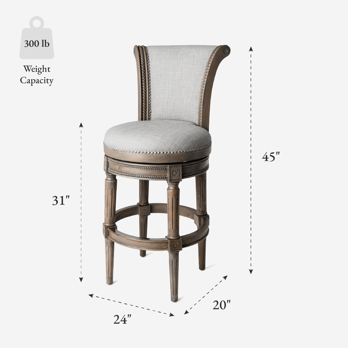 31" Pullman Bar Stool in Reclaimed Oak Finish with Ash Grey Fabric Upholstery in Stools by Maven Lane