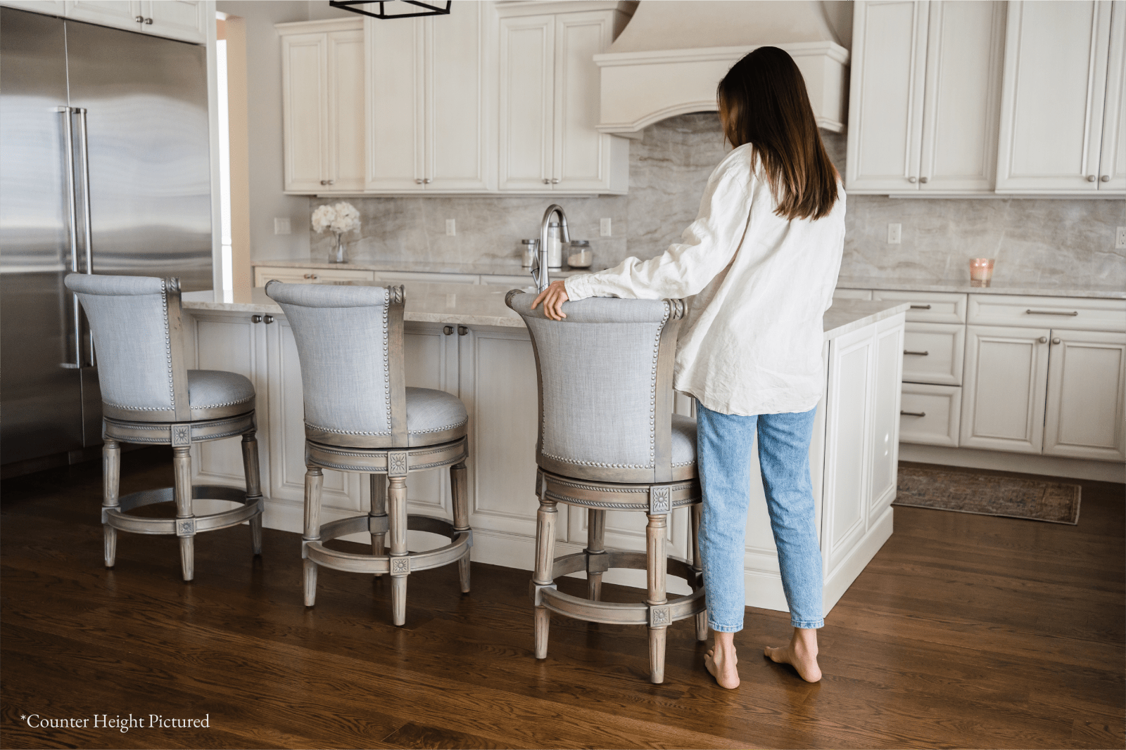 31" Pullman Bar Stool in Reclaimed Oak Finish with Ash Grey Fabric Upholstery in Stools by Maven Lane
