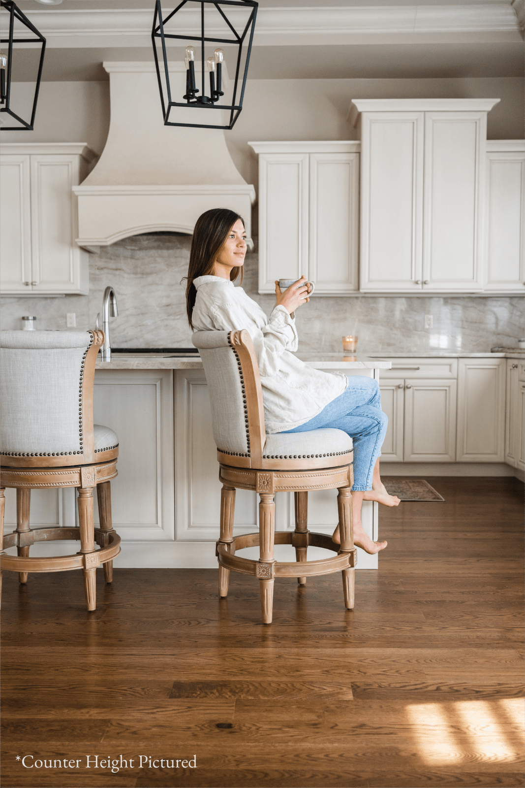 31" Pullman Bar Stool in Weathered Oak Finish with Sand Color Fabric Upholstery in Stools by Maven Lane