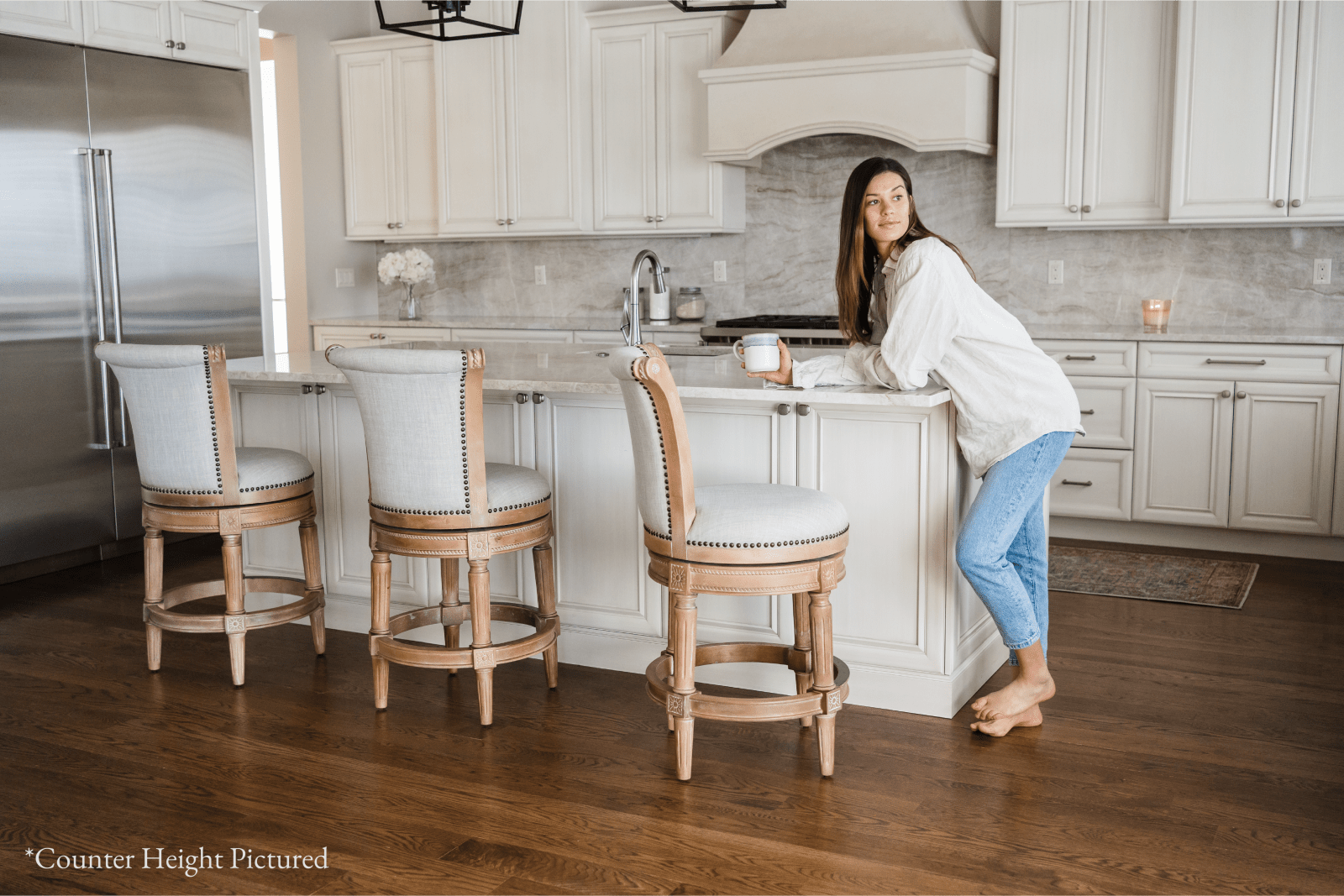 31" Pullman Bar Stool in Weathered Oak Finish with Sand Color Fabric Upholstery in Stools by Maven Lane