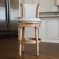 Pullman Bar Stool in Light Brown Finish with Light Grey Fabric in Stools by Maven Lane