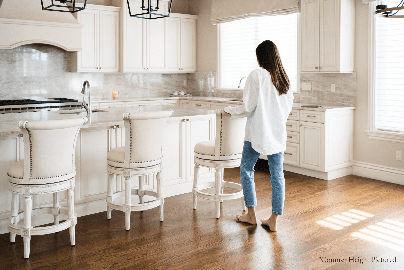 31" Pullman Bar Stool in White Oak Finish with Natural Fabric Upholstery in Stools by Maven Lane