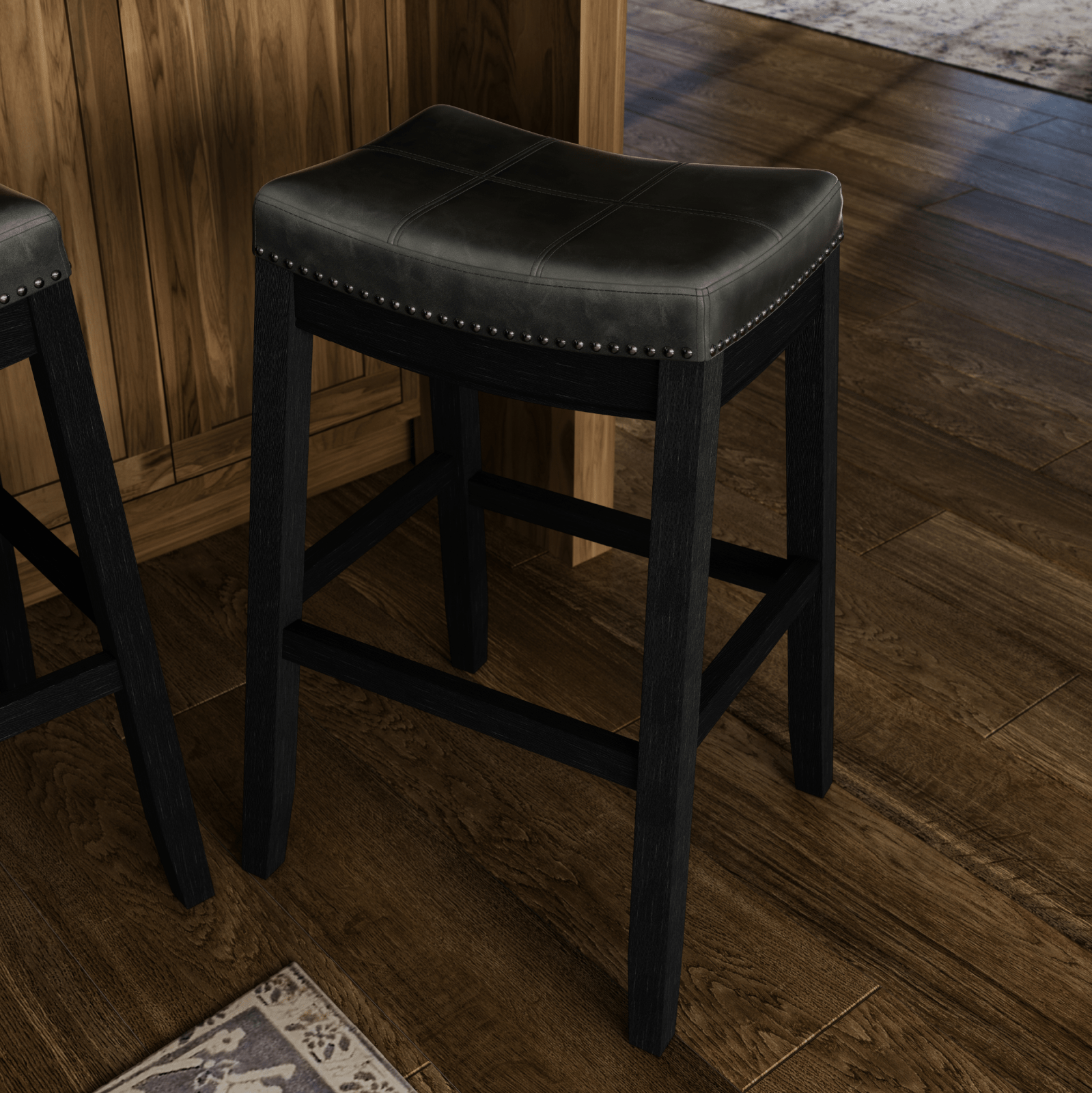 31" Sophia Backless Bar Stool in Aged Black Finish with Charcoal Black Vegan Leather in Stools by Maven Lane