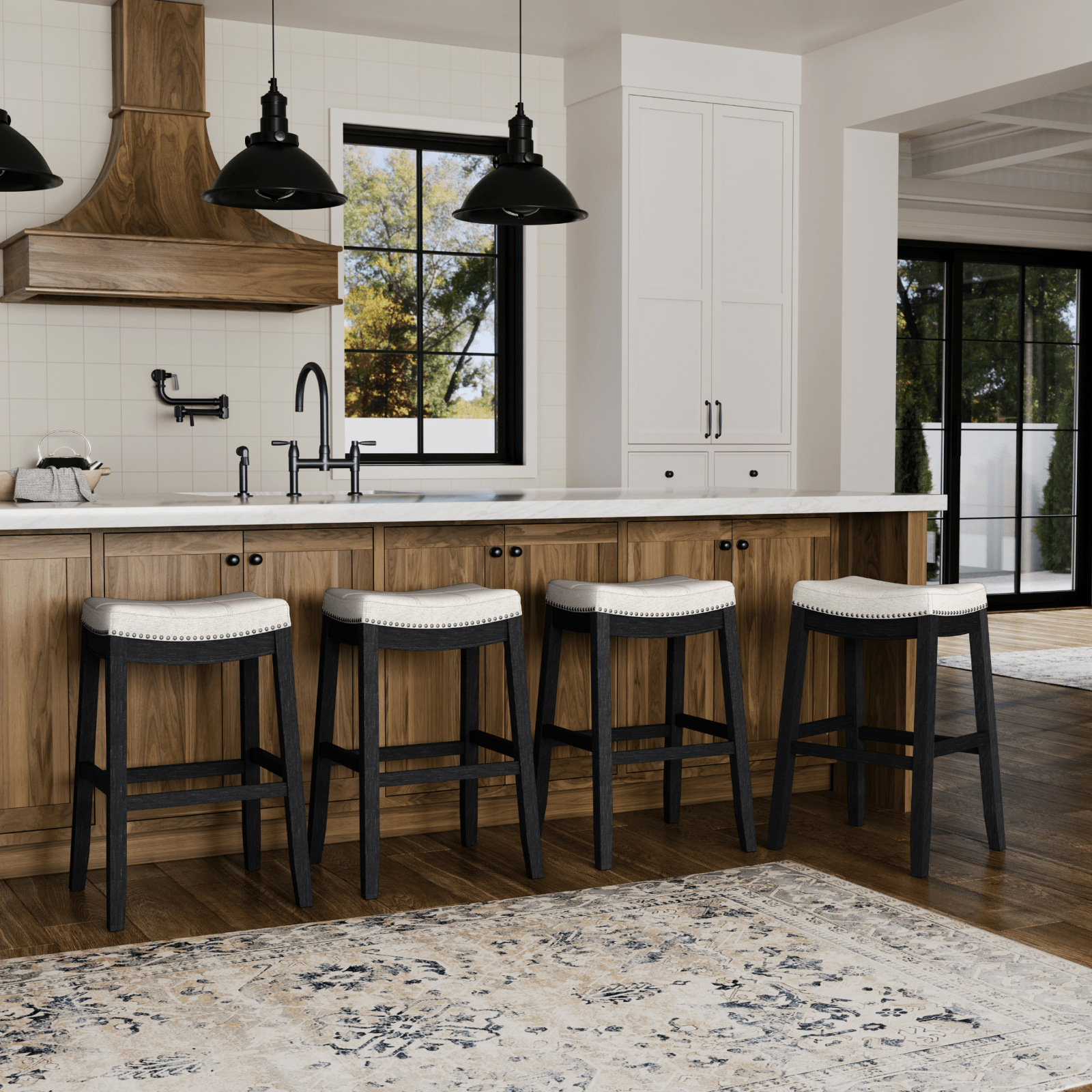 31" Sophia Backless Bar Stool in Aged Black Finish with Snow White Fabric in Stools by Maven Lane