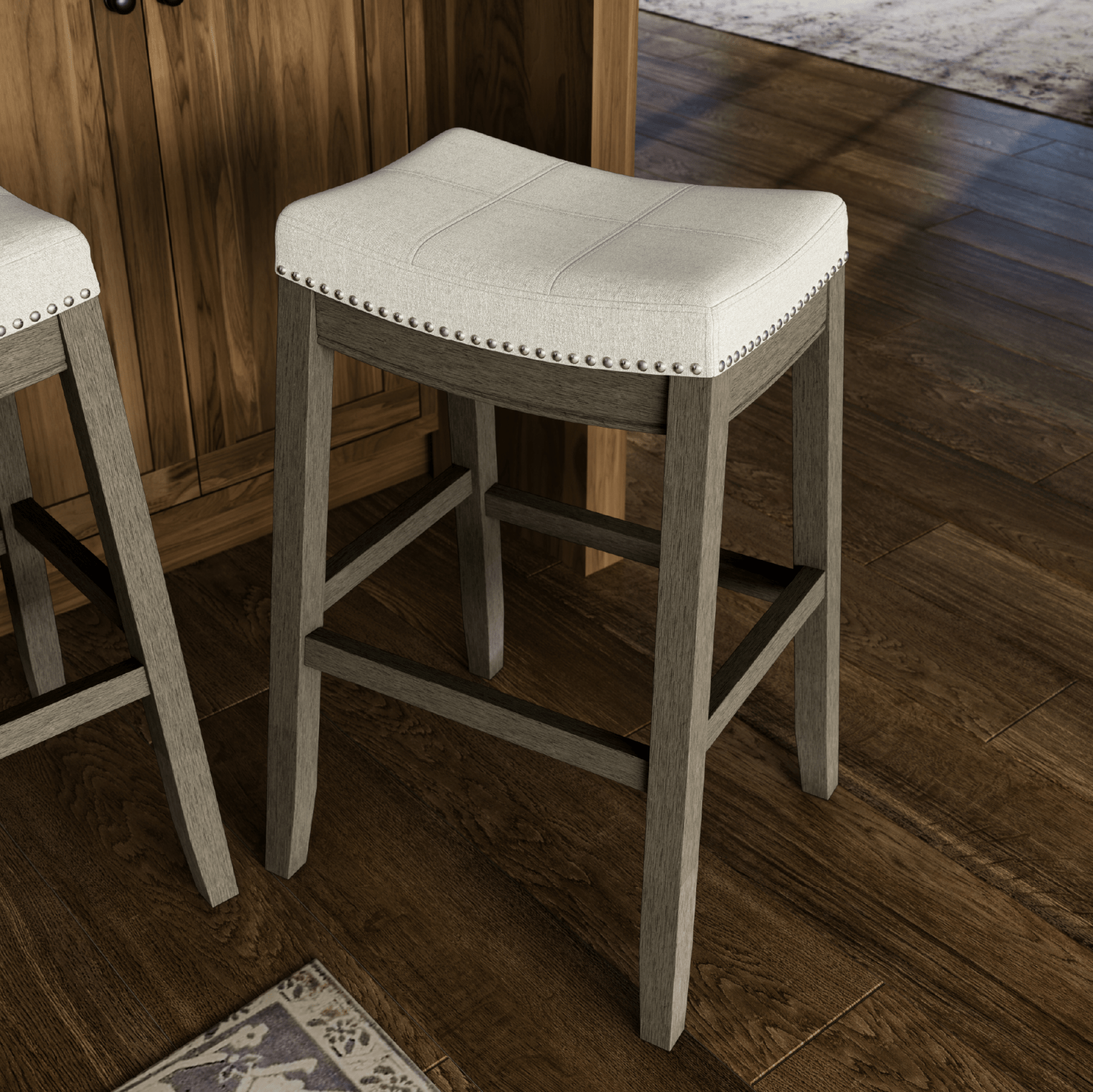 31" Sophia Backless Bar Stool in Aged Grey Finish with Dove Grey Fabric in Stools by Maven Lane