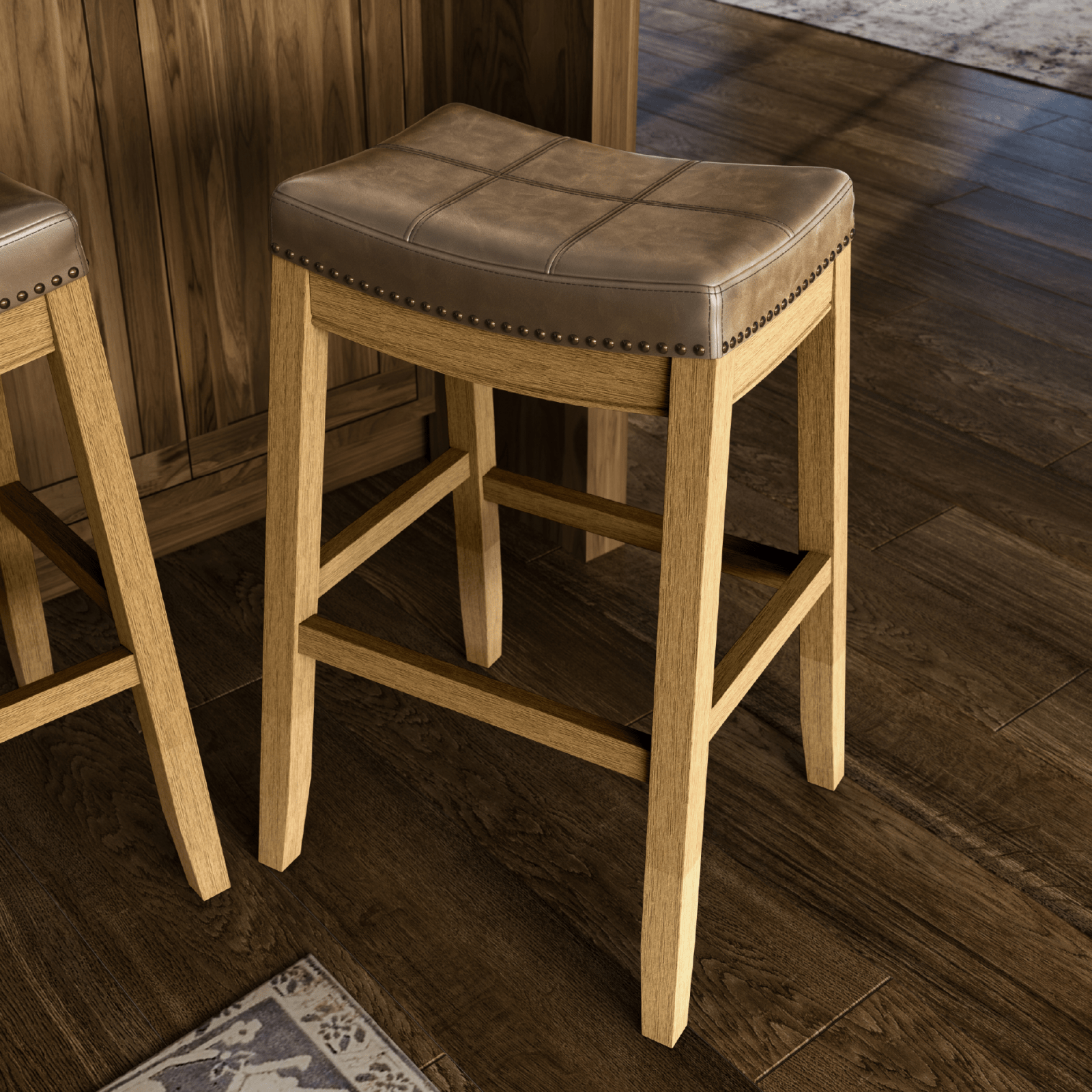 31" Sophia Backless Bar Stool in Aged Natural Finish with Desert Tan Vegan Leather in Stools by Maven Lane