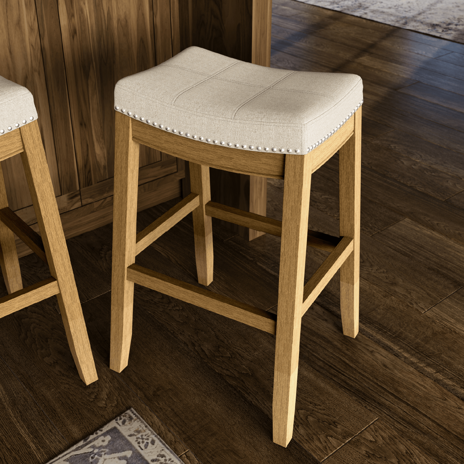 31" Sophia saddle backless bar stool in aged natural finish with light beige fabric in Stools by Maven Lane