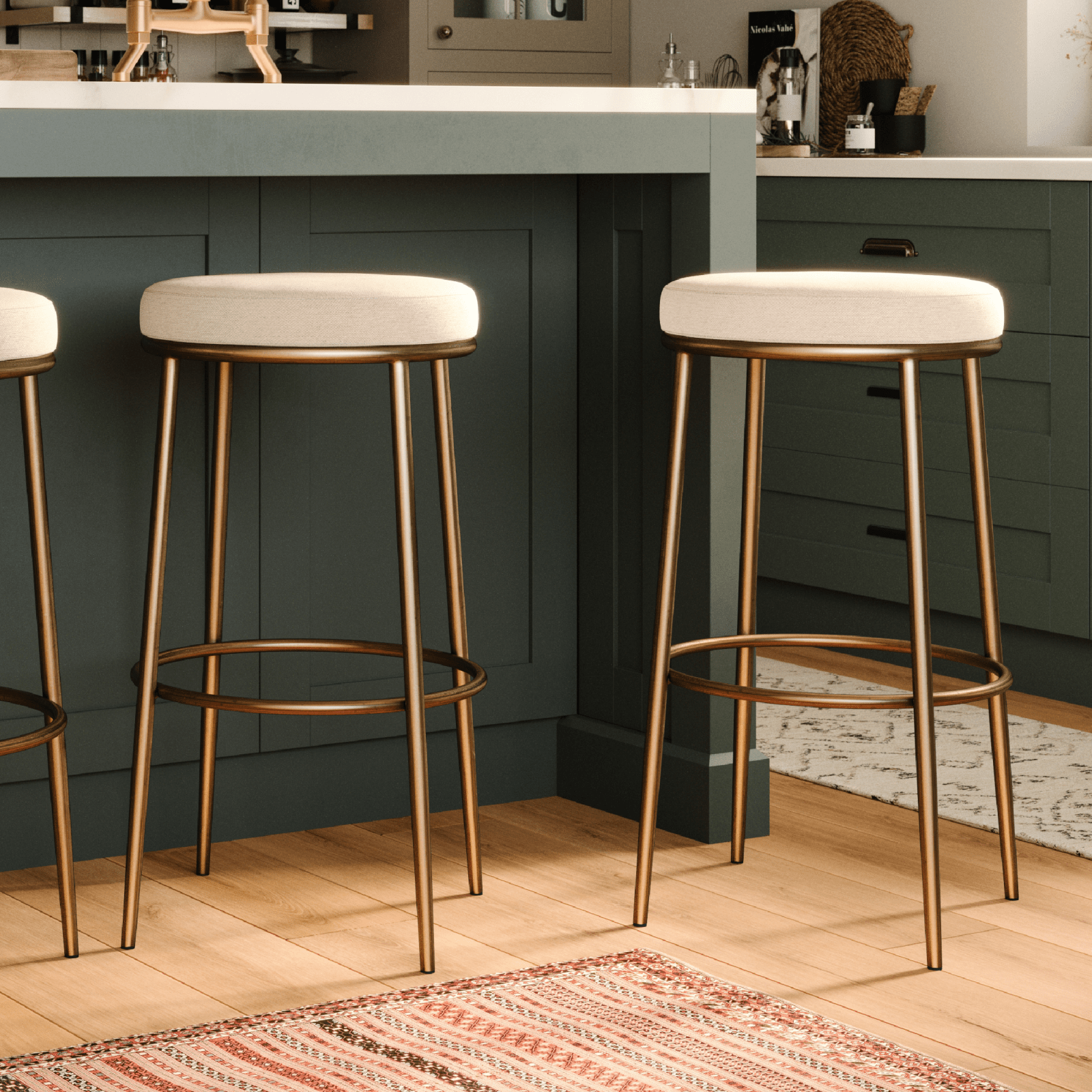 31" Stella Bar Stool in Antique Brass Finish with Light Beige Fabric Upholstery in Maven Lane by Maven Lane
