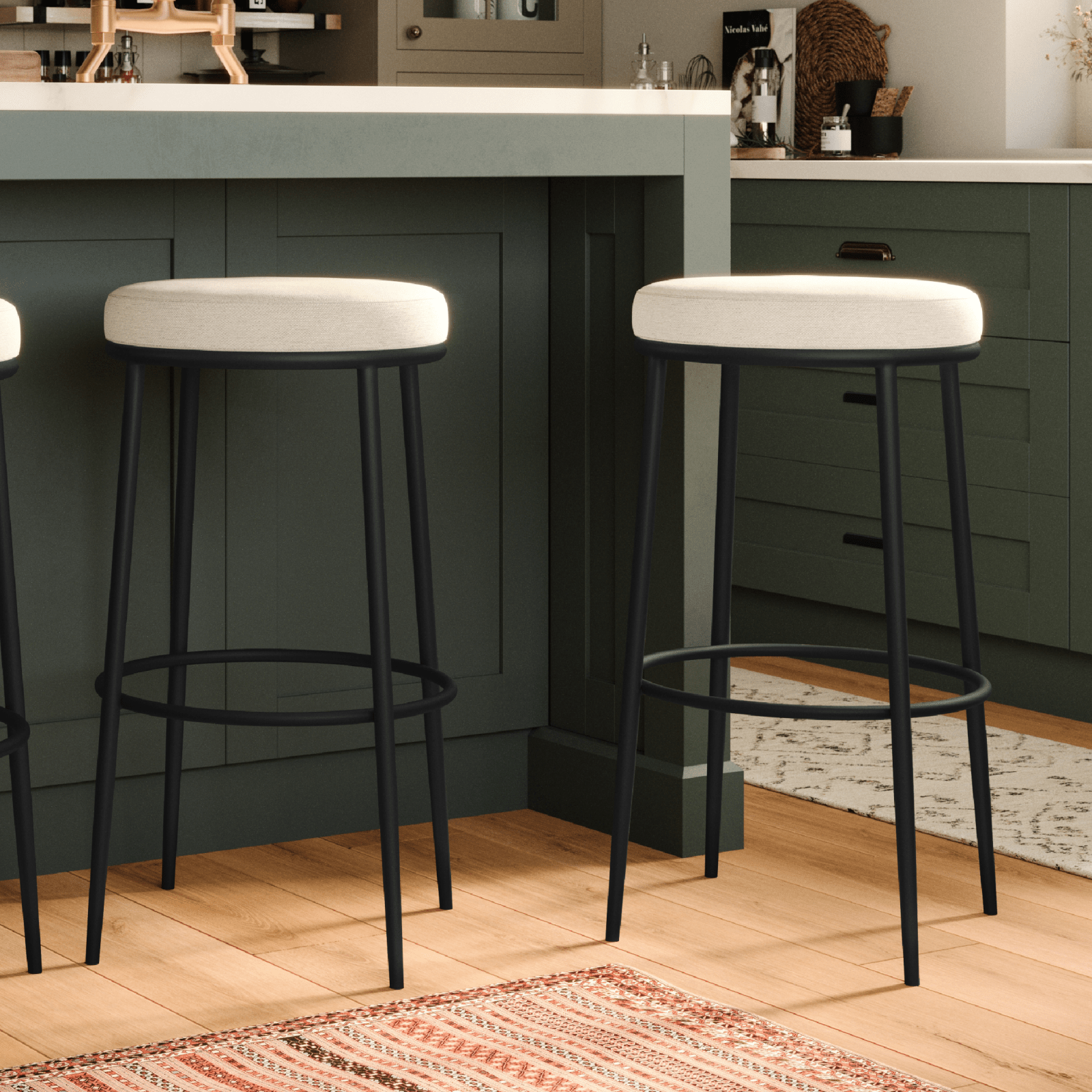 31" Stella Bar Stool in Matte Black Finish with Snow White Fabric Upholstery in Maven Lane by Maven Lane