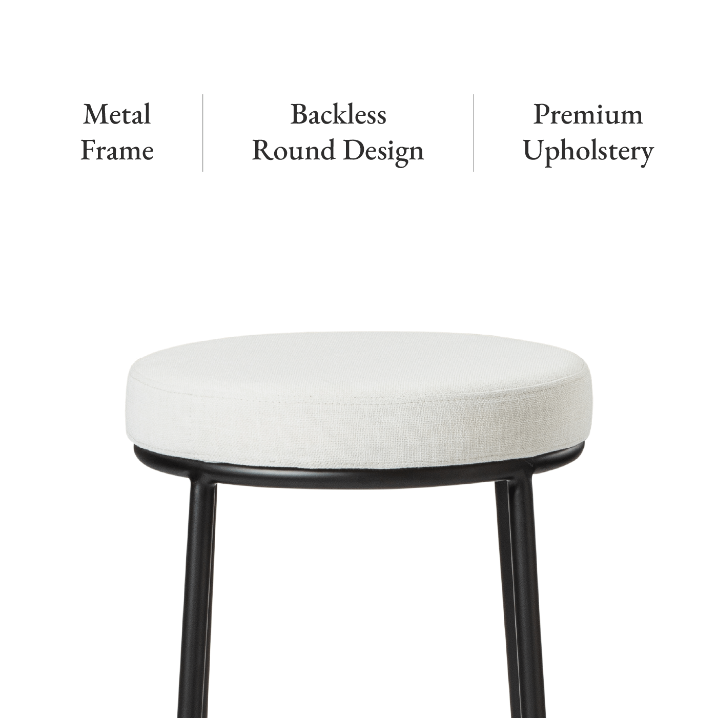 31" Stella Bar Stool in Matte Black Finish with Snow White Fabric Upholstery in Maven Lane by Maven Lane