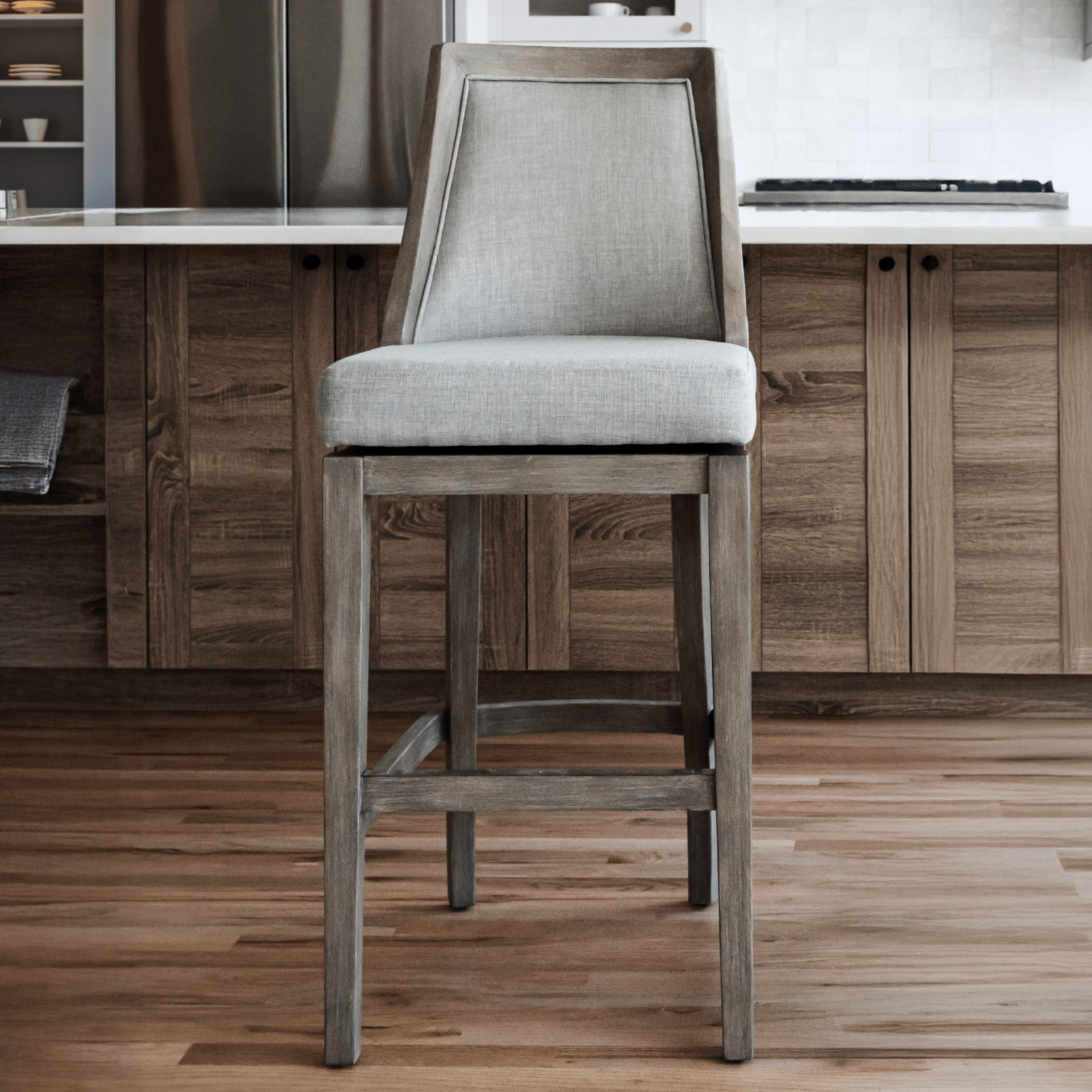 31" Vienna Swivel Bar Stool in Reclaimed Oak Finish with Ash Grey Fabric Upholstery in Stools by Maven Lane