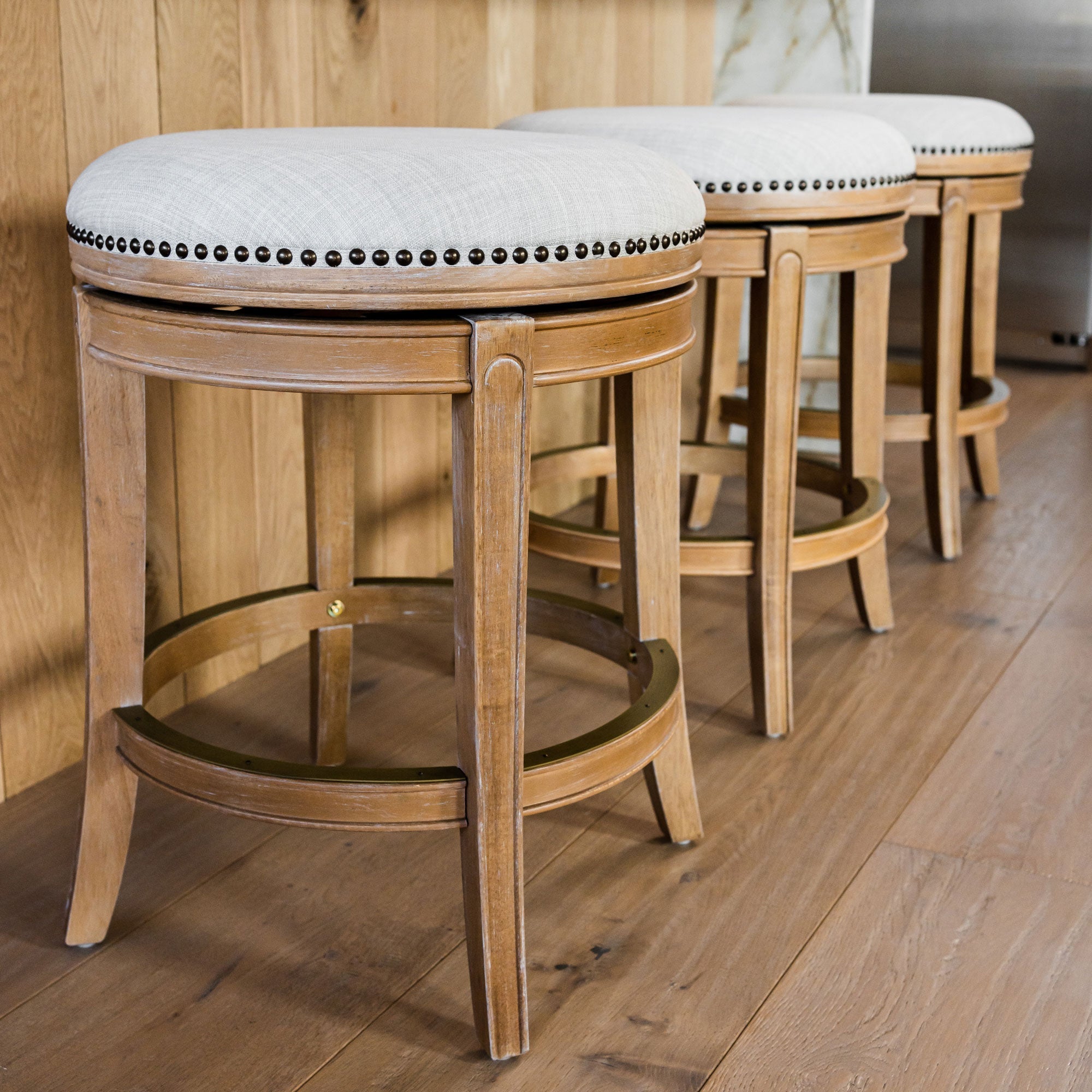 26" Alexander Backless Counter Stool in Natural Finish with Light Grey Fabric Upholstery in Stools by Maven Lane