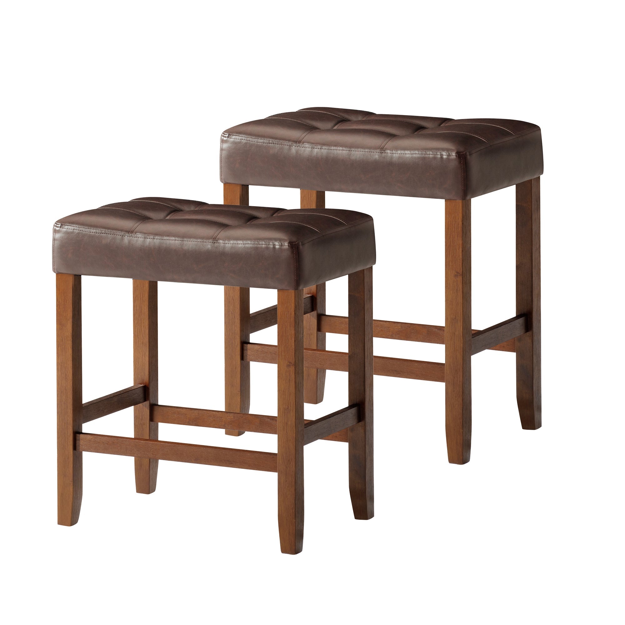 Harper Counter Stool in Walnut Wood Finish with Distressed Brown Vegan Leather, Set of 2