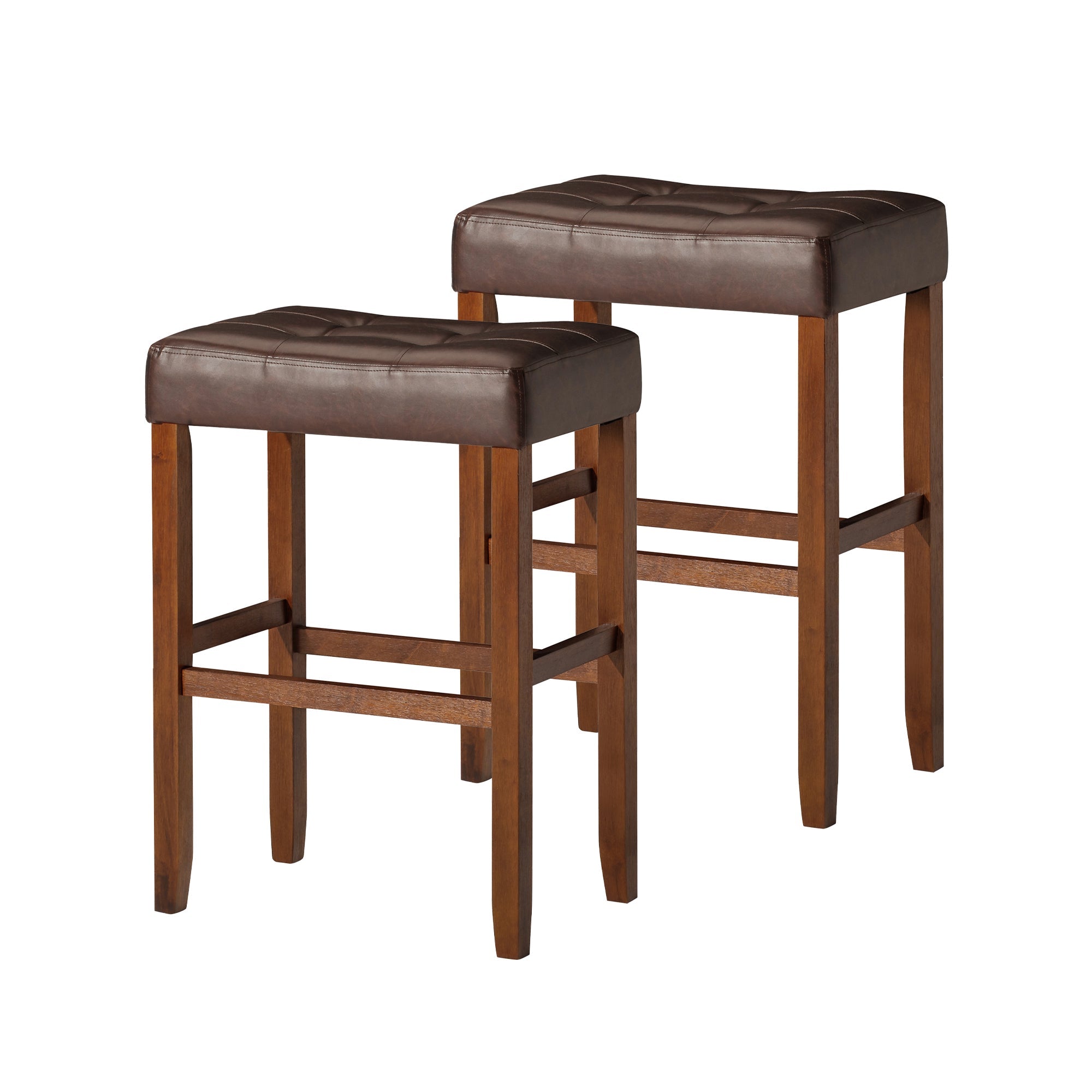 Harper Bar Stool in Walnut Wood Finish with Distressed Brown Vegan Leather, Set of 2