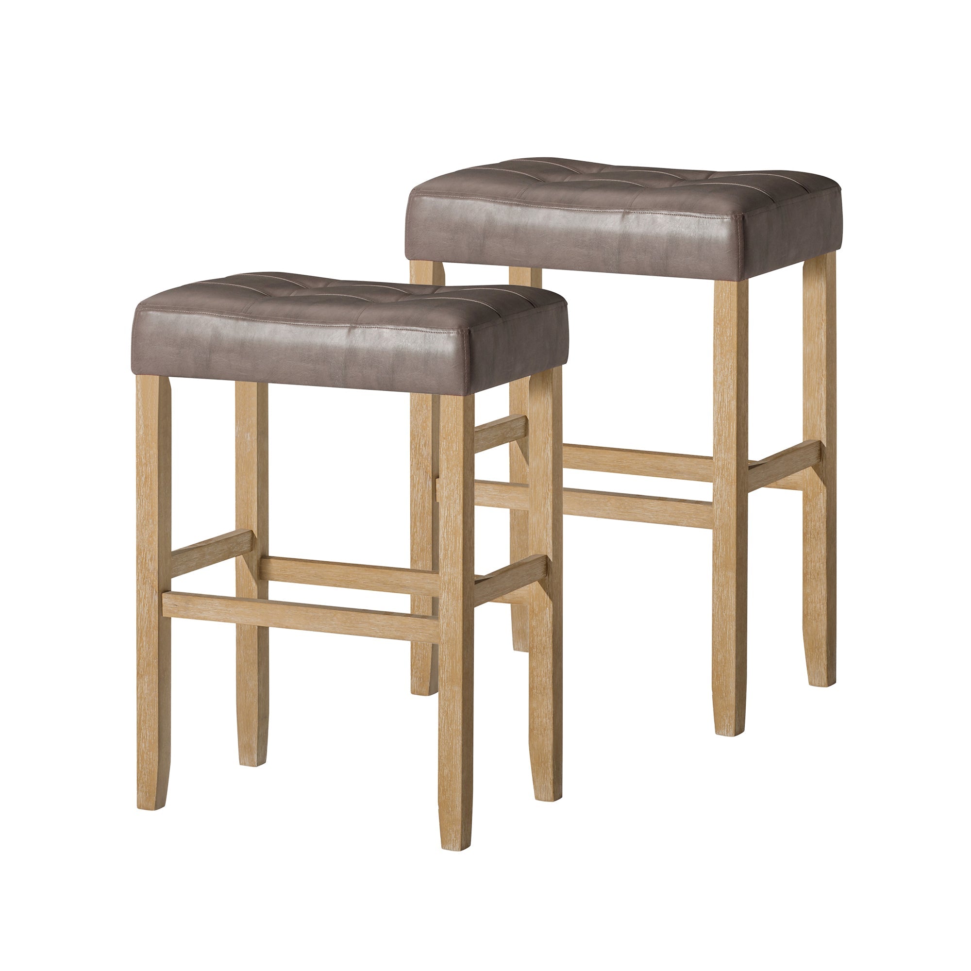 Harper Bar Stool in Weathered Oak Wood Finish with Distressed Grey Vegan Leather, Set of 2