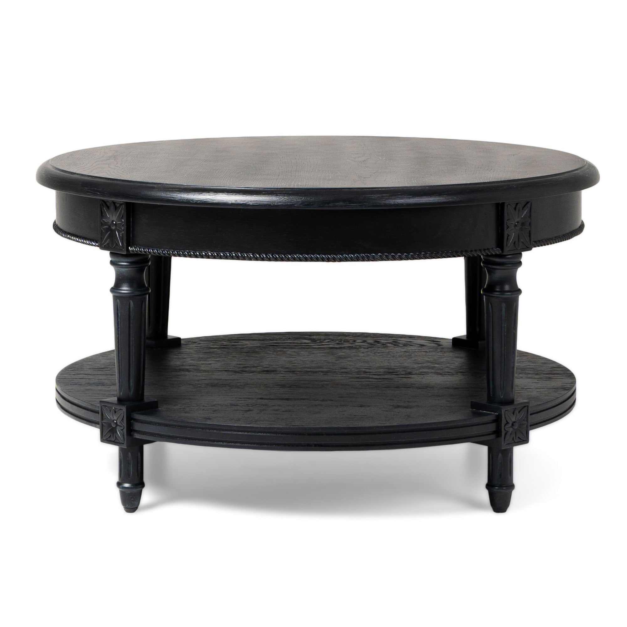 Pullman Traditional Round Wooden Coffee Table in Antiqued Black Finish in Accent Tables by Maven Lane