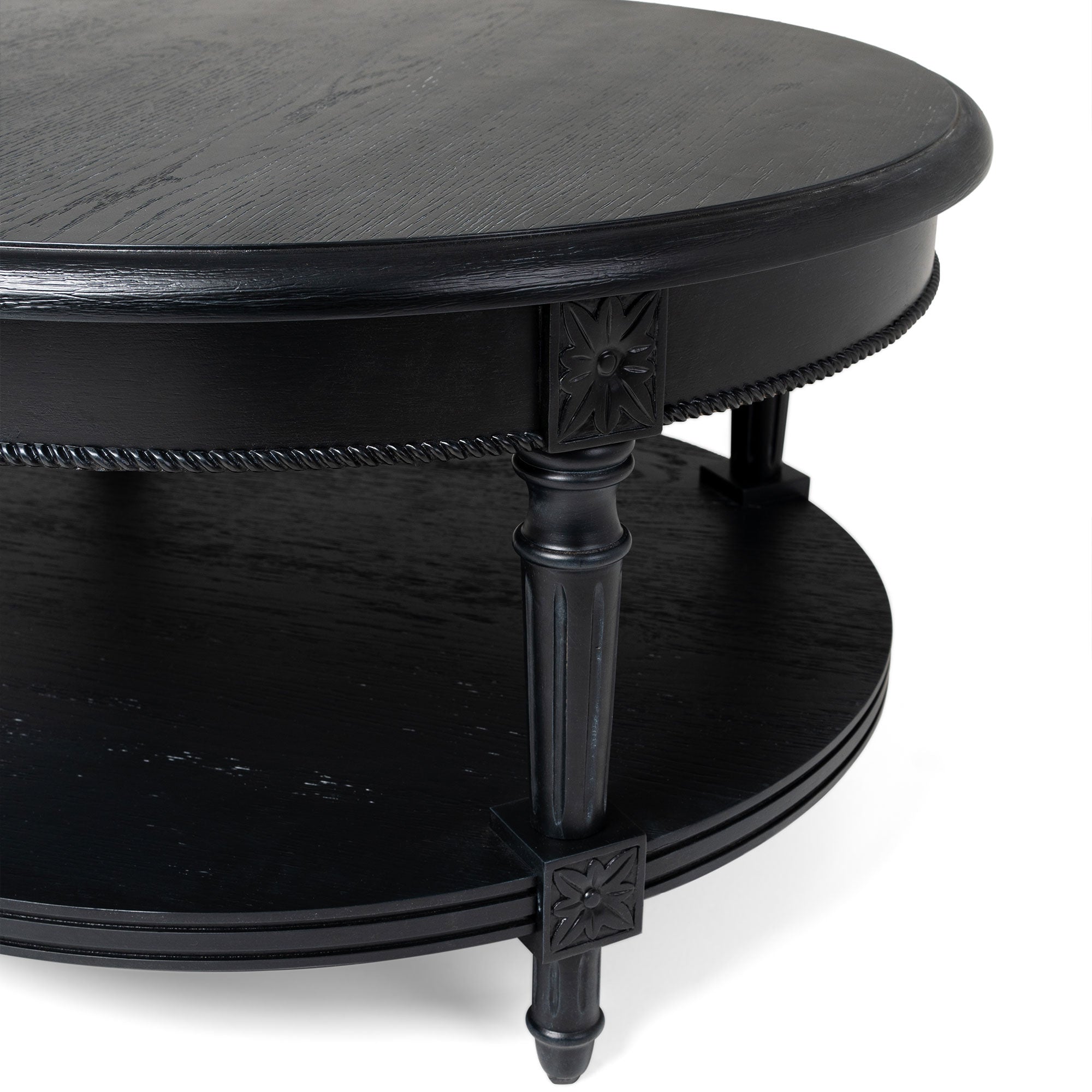 Pullman Traditional Round Wooden Coffee Table in Antiqued Black Finish in Accent Tables by Maven Lane