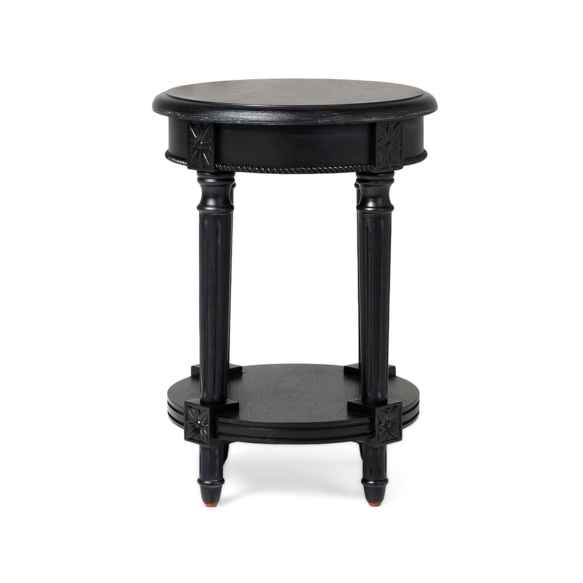Pullman Traditional Round Wooden Side Table in Antiqued Black Finish in Accent Tables by Maven Lane